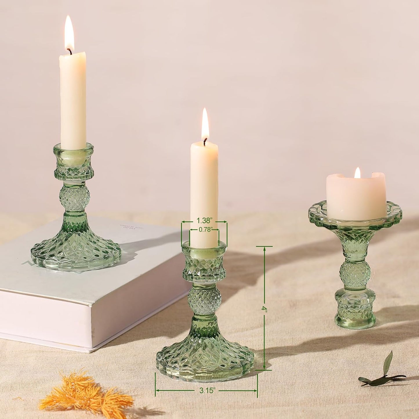 12Pcs Green Candlestick Holders Set- 4" H Taper Candle Holders Bulk, Glass Candle Holders for Wedding, Party, Romantic Dinner Table Centerpieces, Festival Gifts & Windowsill Decor