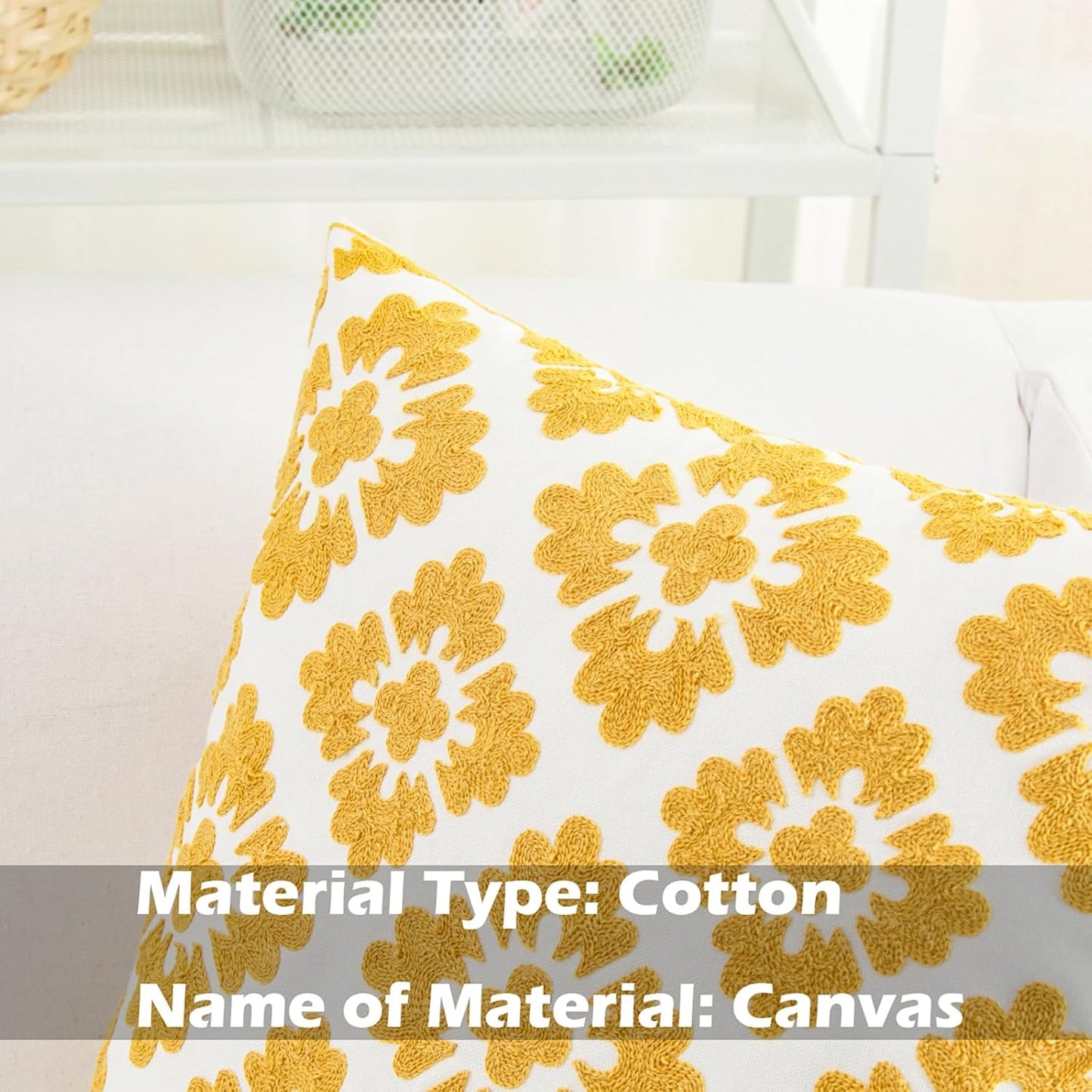 HWY 50 Mustard Yellow Decorative Throw Pillow Covers 18x18 Inch (1 Piece), Embroidered Cotton Farmhouse Cushion Cover Pillow Case for Sofa Couch Living Room Bed, Little Sunflower