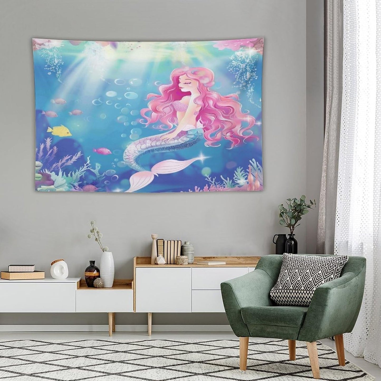 HZOHNAGO Mermaid Girls Tapestry Watercolor Mermaid Princess Pink Hair Pattern for Kids Room Decoration Printed Wall Tapestry Wall Hanging for Bedroom Living Room Dorm 90" W x 60" H