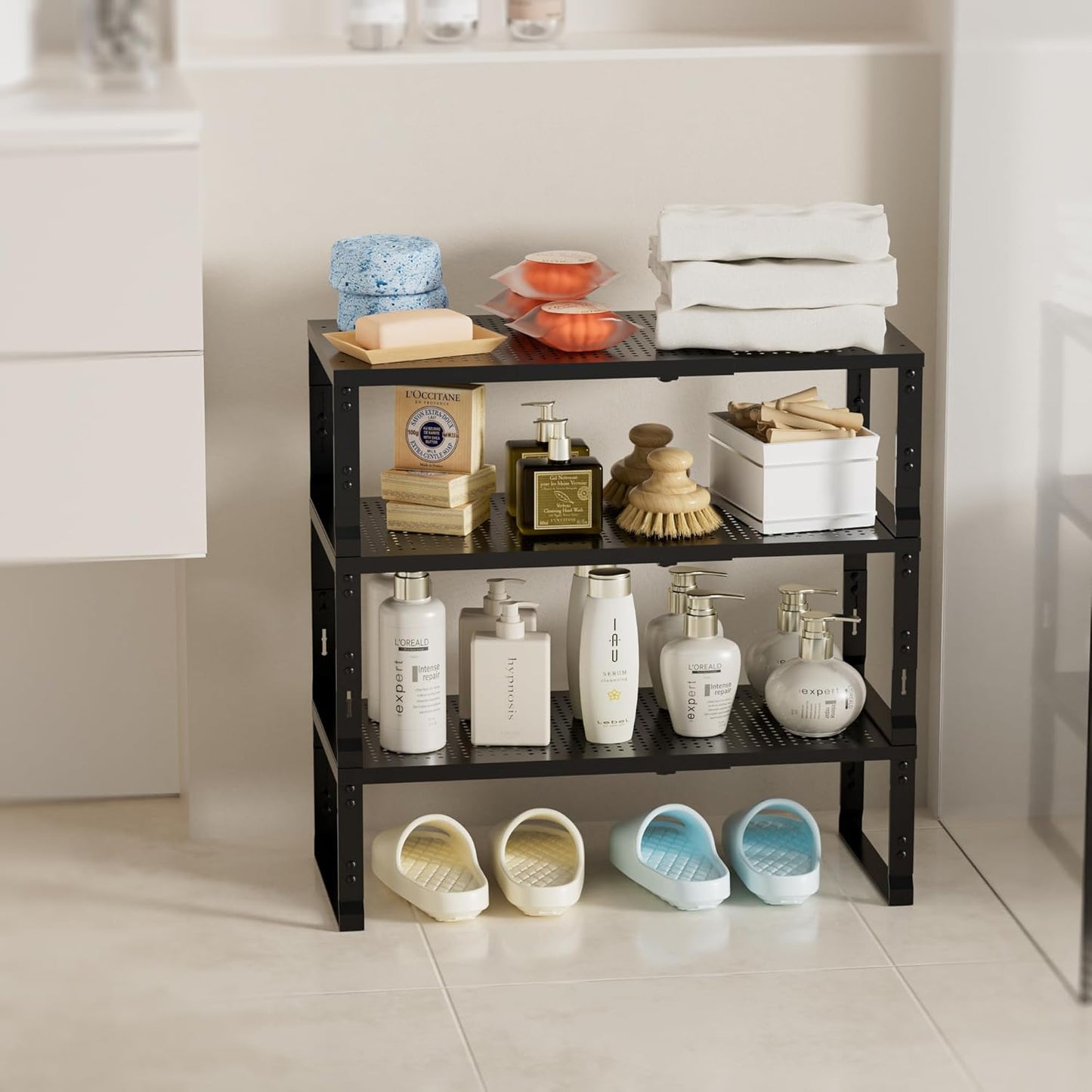 Expandable Spice Rack,Stackable Storage for Cabinet, Multi-Functional Kitchen Shelving,Height-Adjustable,Sustainable Organizer Solution(2Packs/Black/Medium)