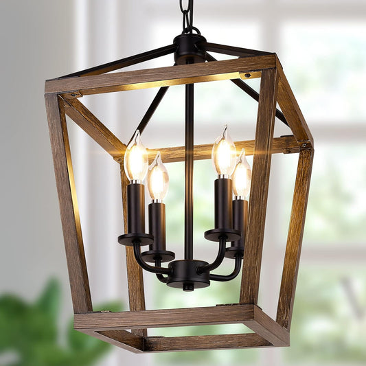 Farmhouse Chandelier Light Fixture for Kitchen Dining Room, 4-Light Rustic Pendant Hanging Ceiling Light Height Adjustable in Oak Wood Finish, Cage Lantern Lighting with E12 Base for Hallway Foyer