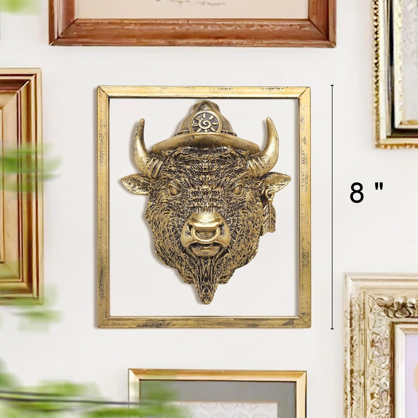 Animal Heads Wall Decor (Includes Metal Frame) Resin Animals Sculptures Head Wall Hanging Decoration Gold vintage Wall Sculpture for Living Room Bedroom Office (American Bison)