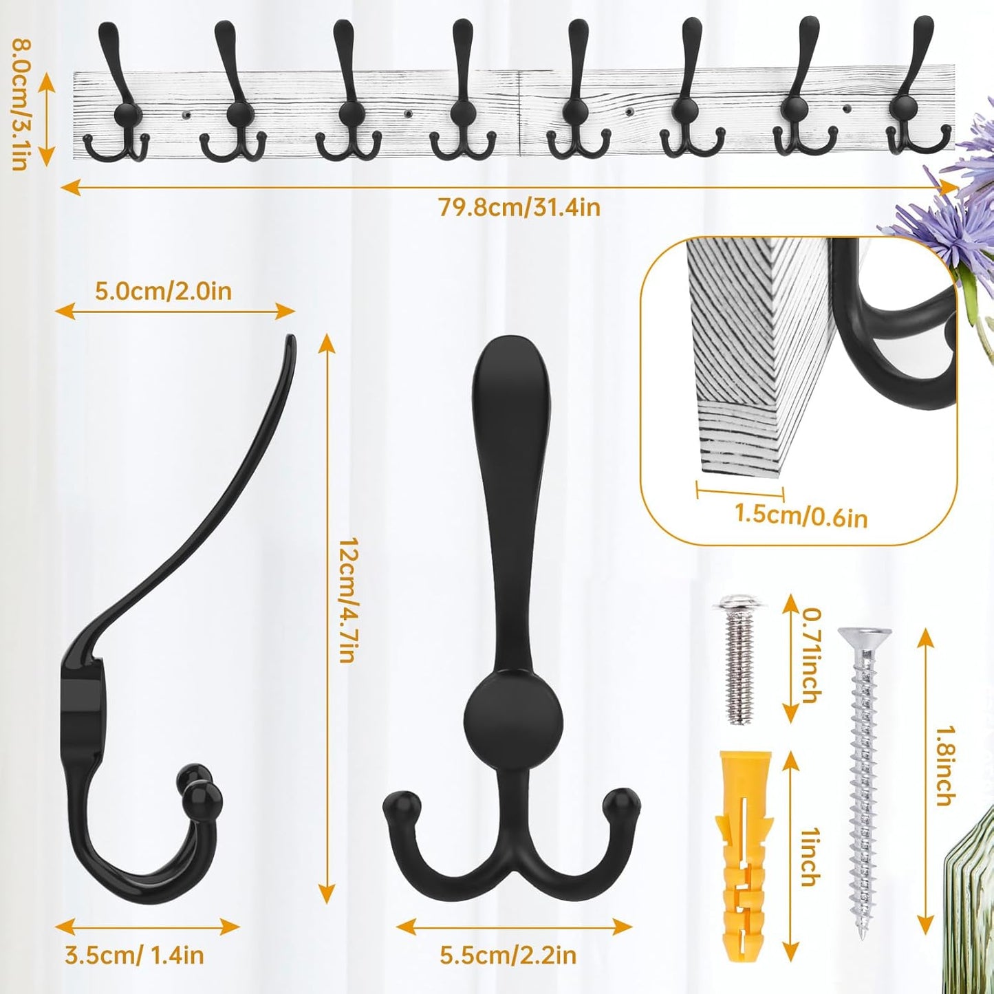 IBosins Wall Mounted Coat Rack, 31.4'' Long, Rustic Wood & Aluminum Coat Rack with 8 Black Tri-Hooks for Coat, Bag, Towel, Key, Hat, Umbrella