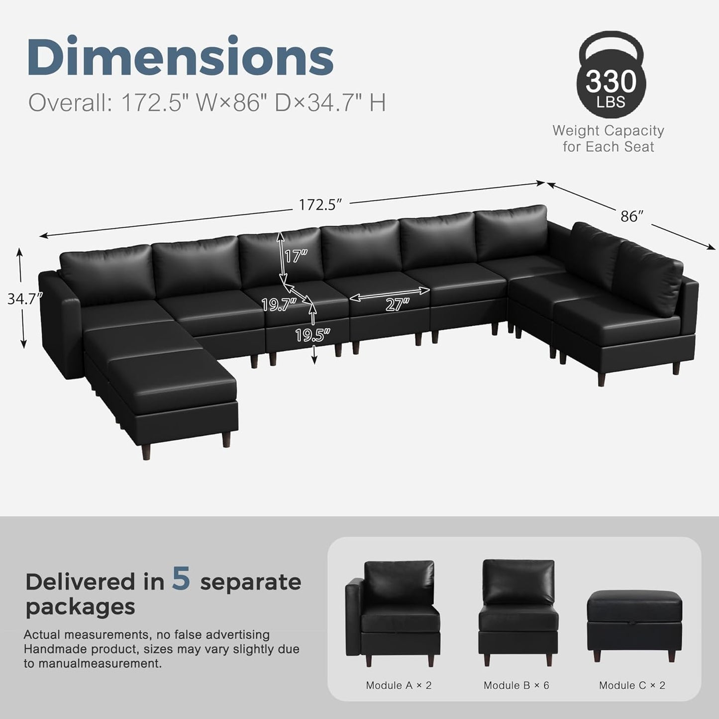 Oversized 172.5" Faux Leather Modular Sectional Sofa, Modern Large 10 Seater U Shaped Couch with Storage Seat with Reversible Chaise Deep Seat for Living Room DIY Combination - Black