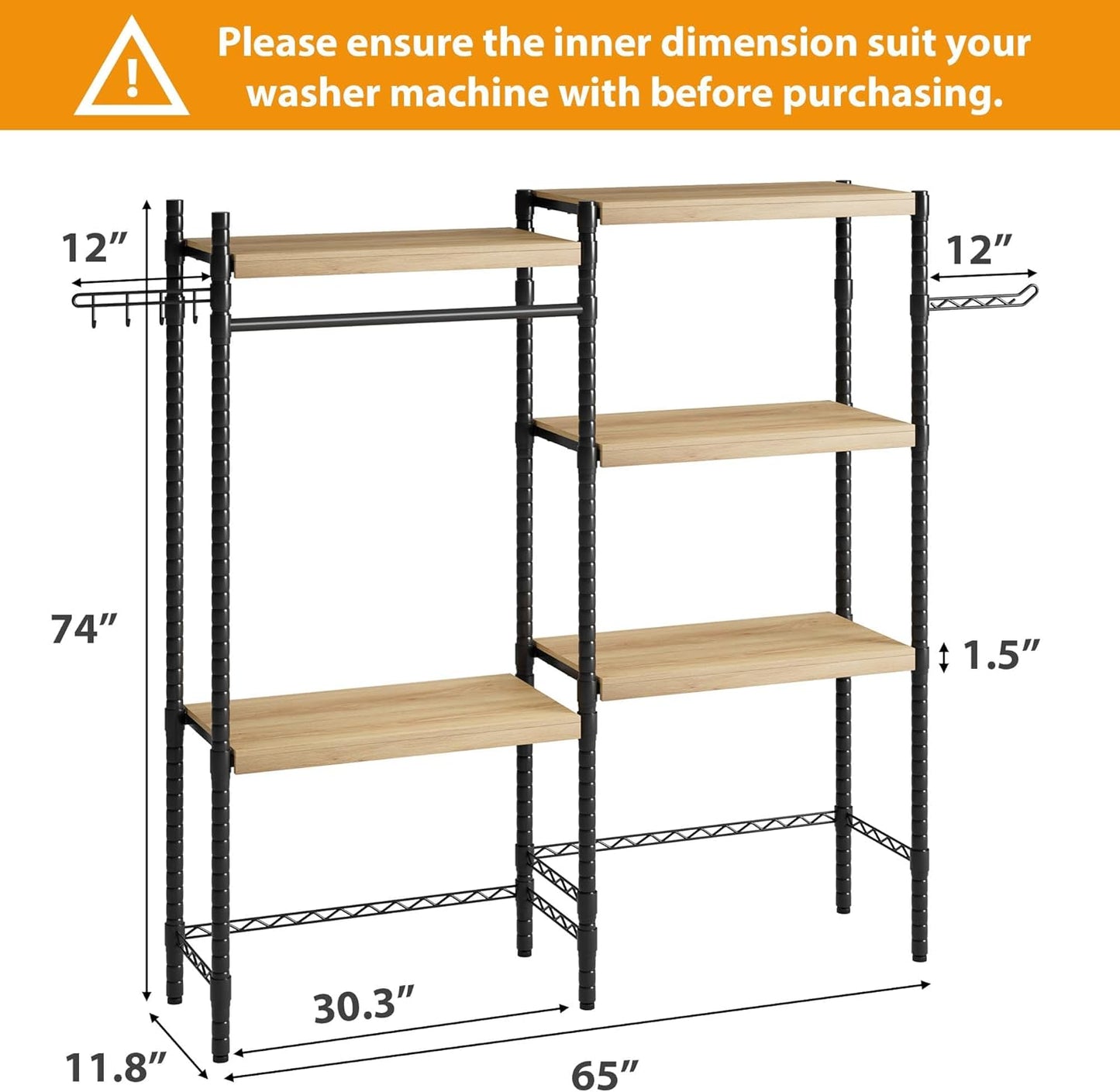Double Row Over Washer and Dryer Storage Shelves, Laundry Room Organization and Storage, Heavy Duty Laundry Room Shelves, with Adjustable Height, 5-Tier