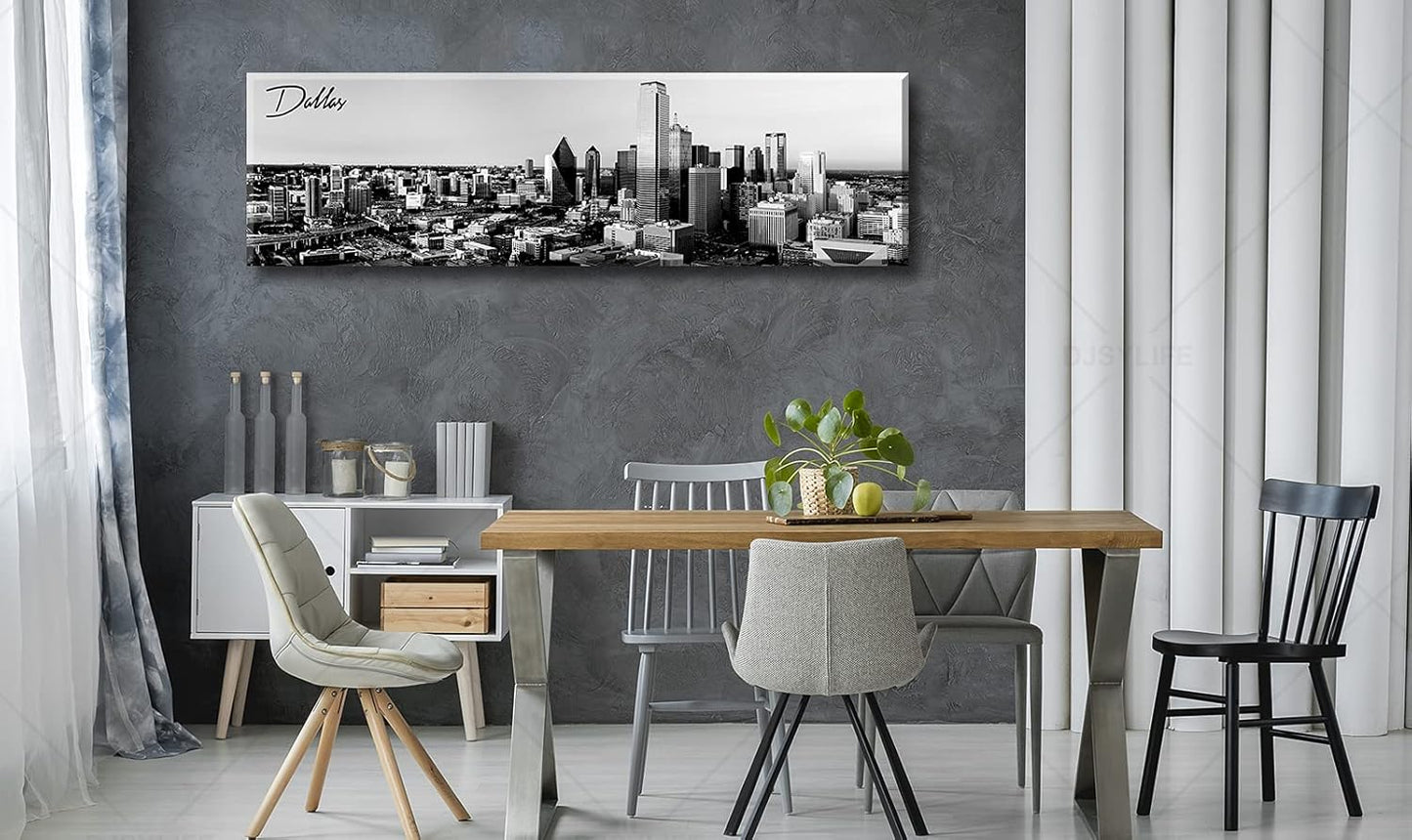Black and White Wall Art Dallas Skyline Cityscape Skyscrapers Canvas Print Painting Landscape Texas City Buildings Pictures Modern Artwork for Man Room Office Living Room Decoration 13.8"x47.3"