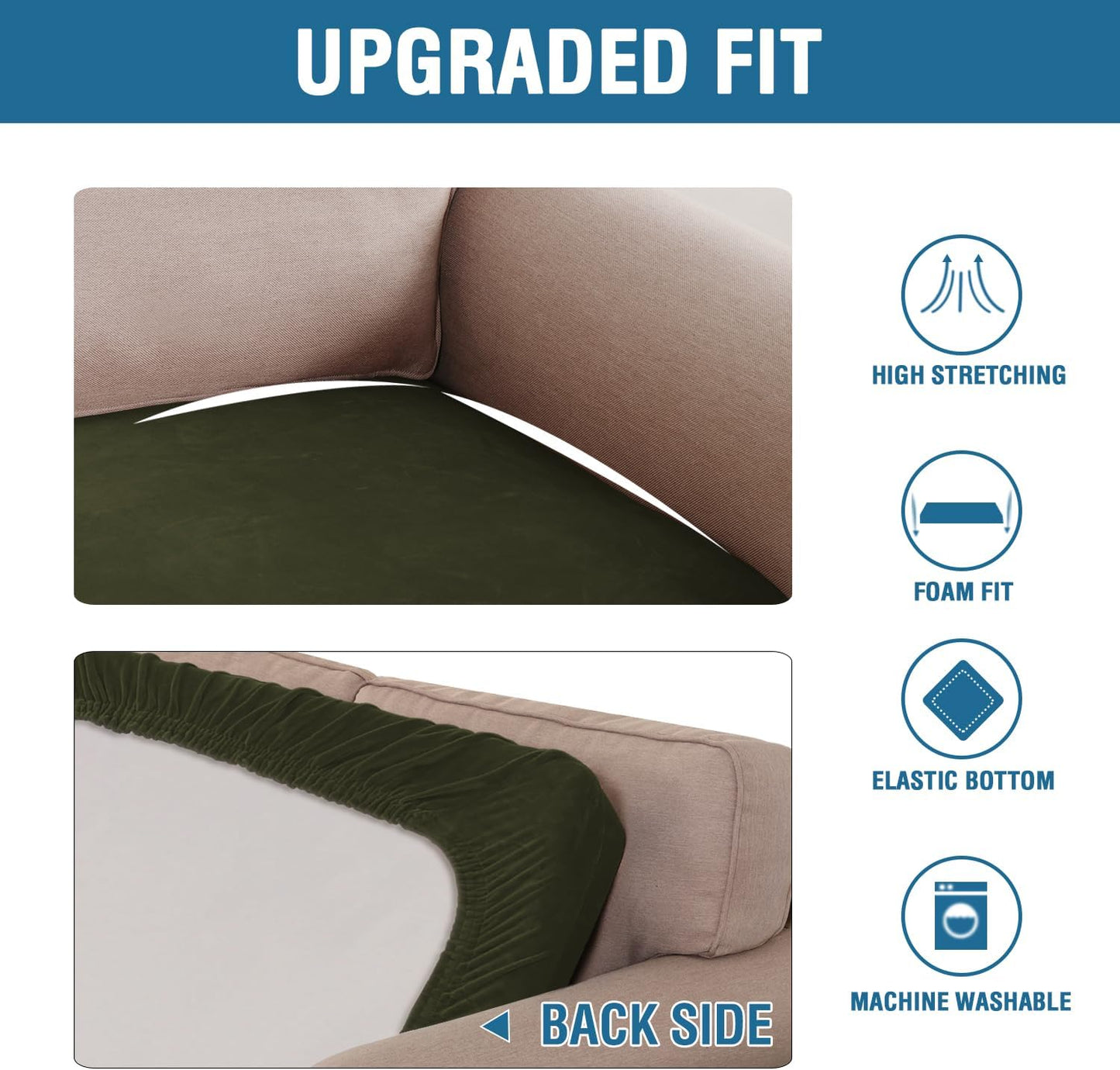 H.VERSAILTEX Velvet Stretch Individual Cushion Cover Plush Cushion Slipcover for Loveseat Sofa Furniture Protector Seat Cushion Sofa Cover (1 Piece Loveseat Cushion Cover, Olive)