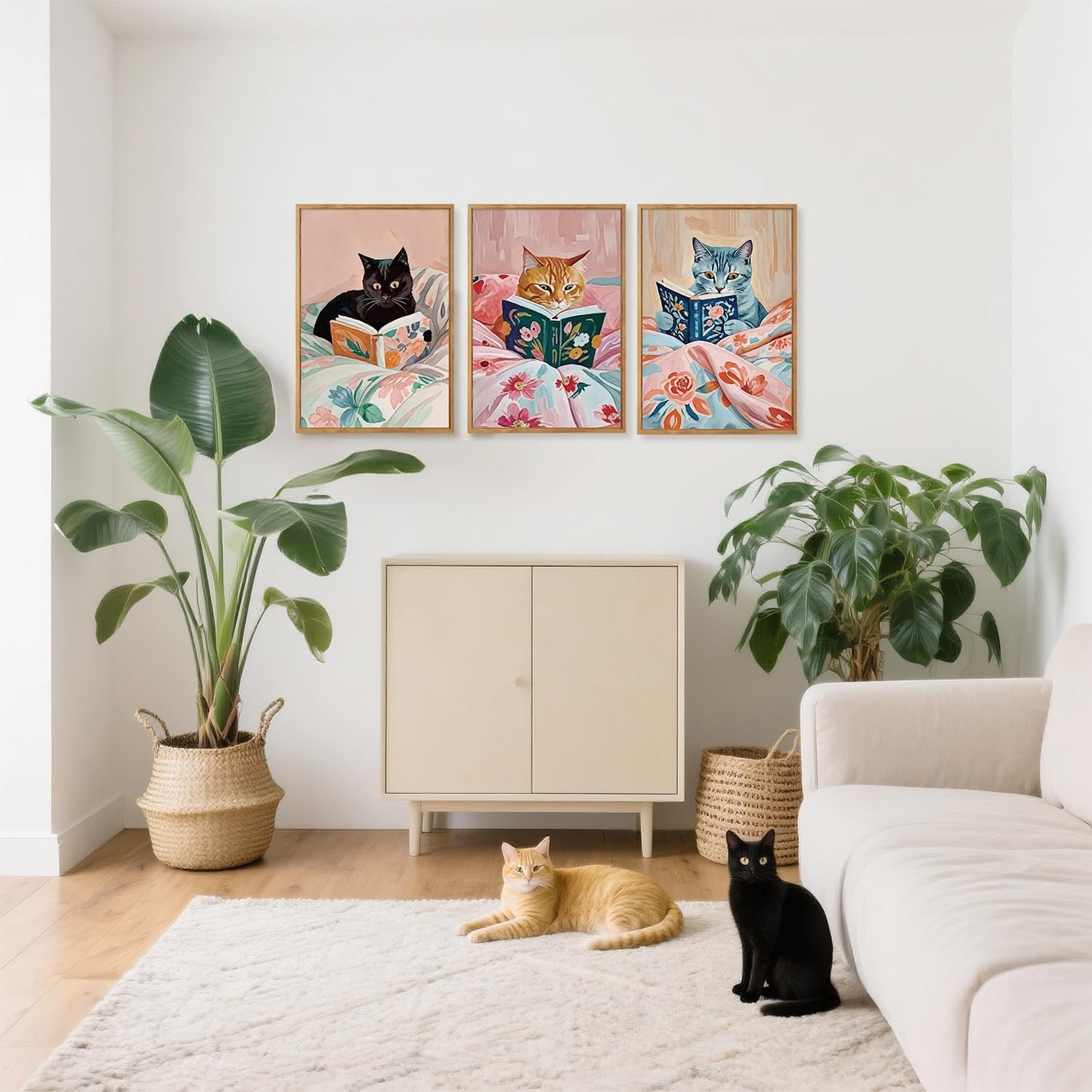 HPNIUB Framed Vintage Black Cats Canvas Wall Art, Funny Animal Reading Books Poster Printing Pictures, Pink Cute Cat Lovers Wall Decor for Girls Room Bedroom Kids Room Living Room Classroom- 16 x24 x3