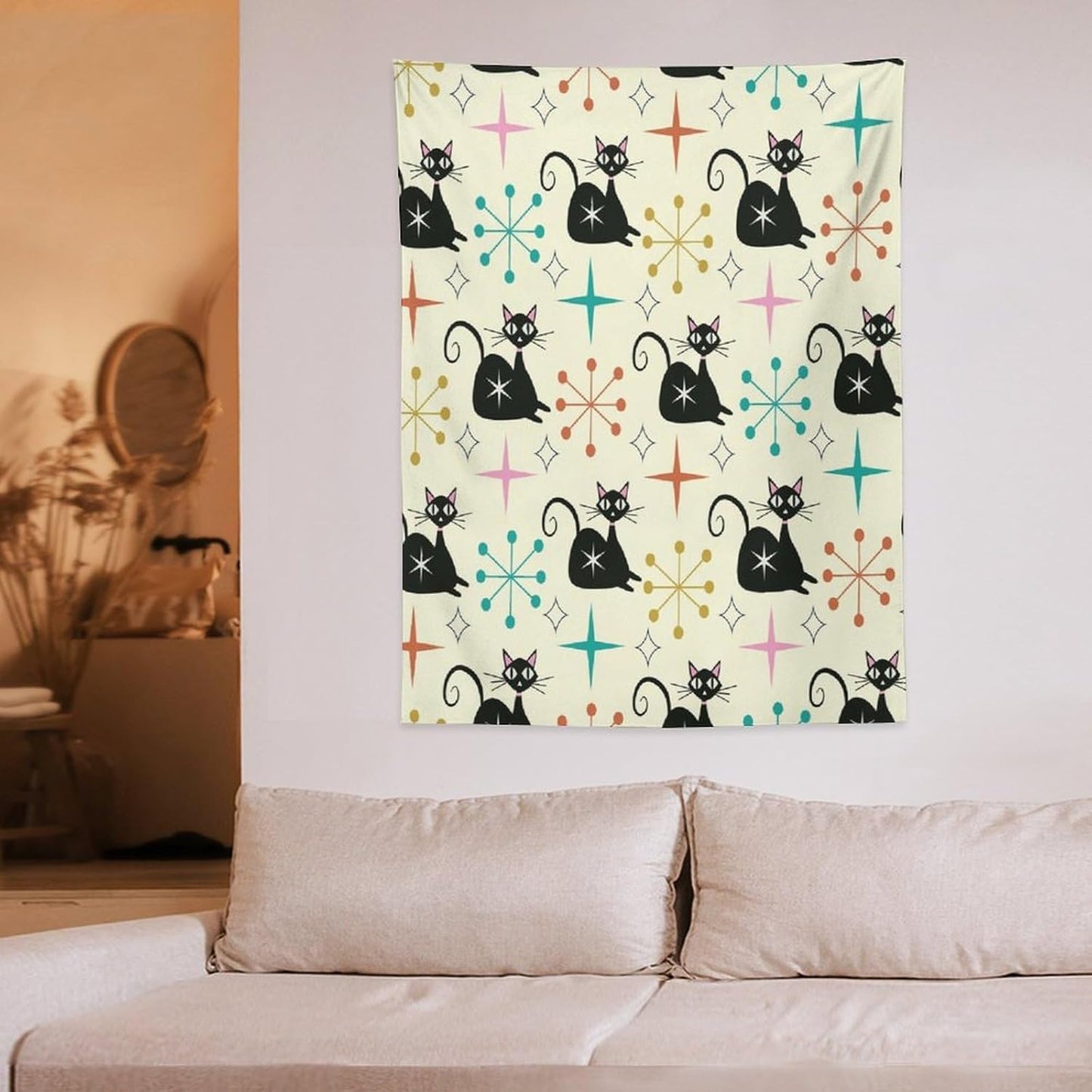 ICMOLYYENLO Abstract Cat Tapestry, Medieval Abstract Atomic Star Cat Vintage Home Wall Hanging Art Tapestry for Bedroom Living Room Dormitory 60x80 Inch