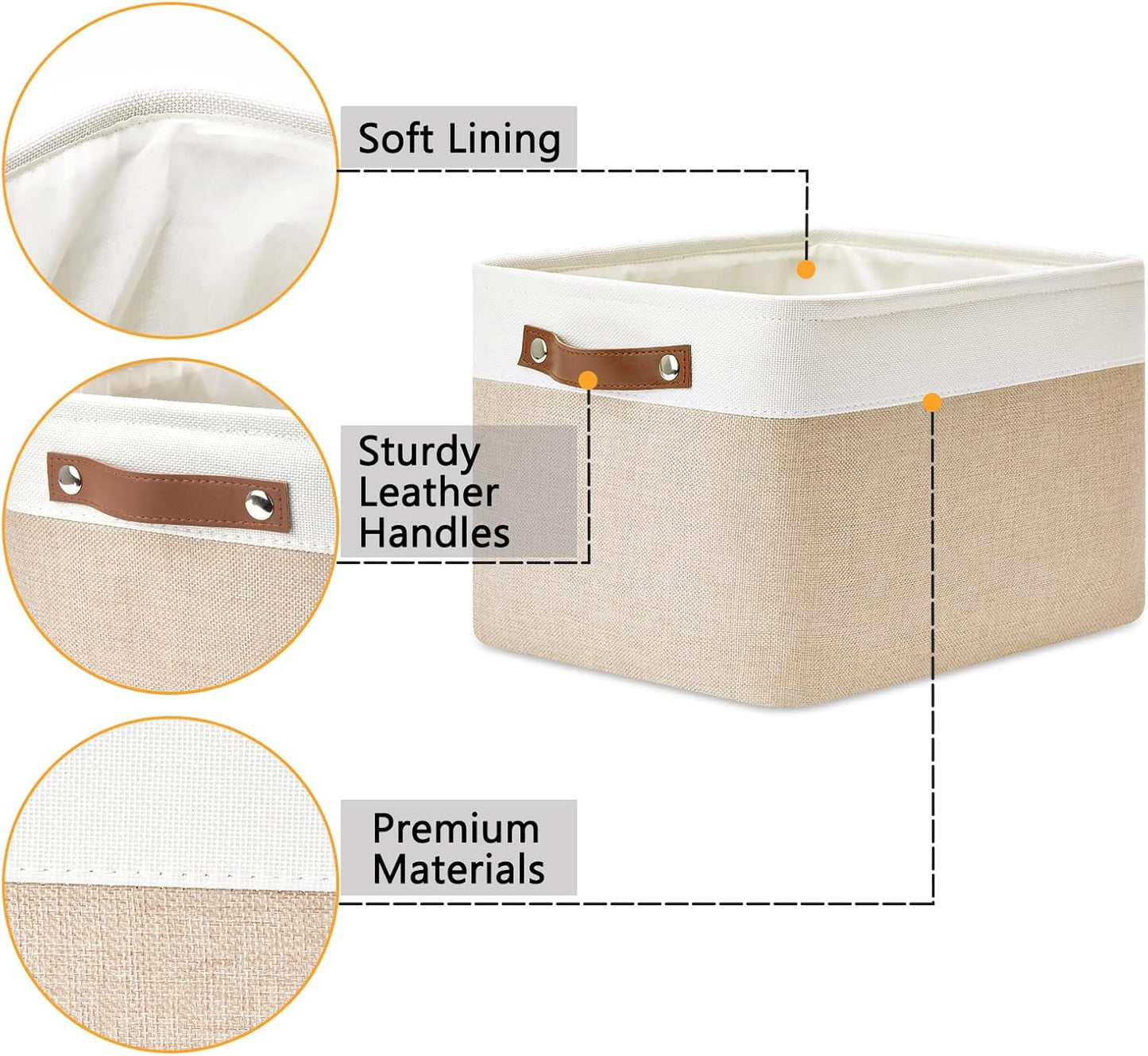 DULLEMELO Fabric Storage Bins for Laundry, Home, Foldable Storage Baskets for Shelves, Toys, Collapsible Storage Bins for Office, Closet,Bedroom(White&Khaki,15"x11"x9.5",4-Pack)