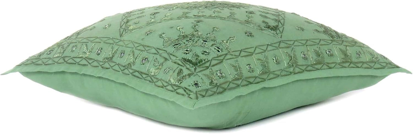 Eyes of India Embroidered Decorative Boho Throw Pillow Cover with Mirrors, Handmade Bohemian Accent Cushion Case for Sofa Couch Bedroom Living Room (Green, 24" x 24")