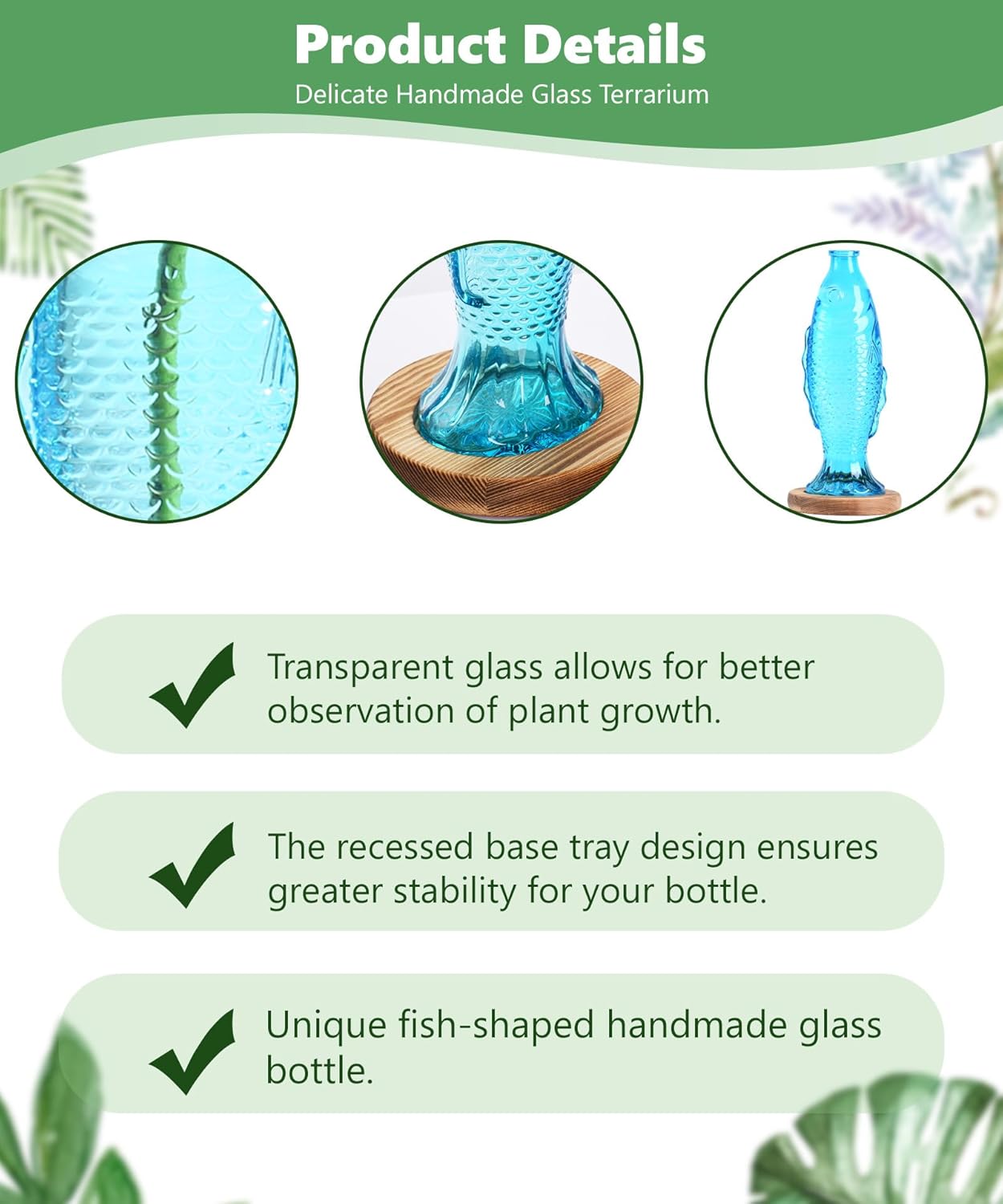 Nacome Fish Vase Glass Plant Terrarium with Wooden Stand,Planter Propagation Station for Home Office Hydroponics Desk Decoration,Unique Gardening Gifts for Plant Lovers Women Mom(Blue)