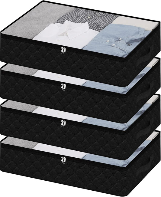 Fixwal 4 Pack Black Underbed Storage Bags with Clear Window and 2 Reinforced Handles Under Bed Storage Containers for Clothing, Bedding, Comforter