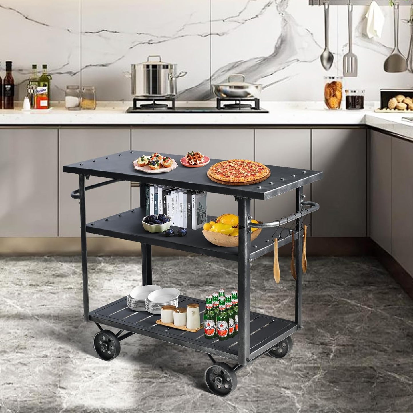 Diwhy Industrial 3 Tier Rolling Utility Storage Cart Wine Beverage, Metal Wine Rack with Wheels Kitchen Bar Dining Room Tea Wine, Serving Cart