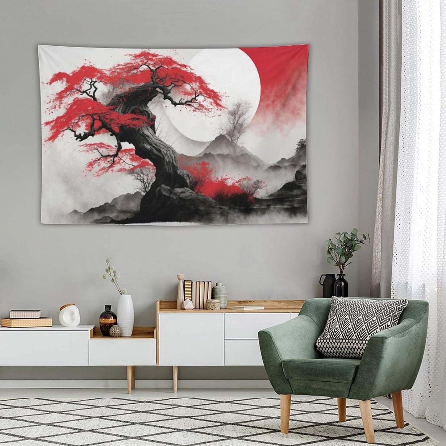 Cherry Blossoms Tapestry, Japanese Red Landscape Asian Watercolor Abstract Art, Bedroom Living Room Decor 90"x60"