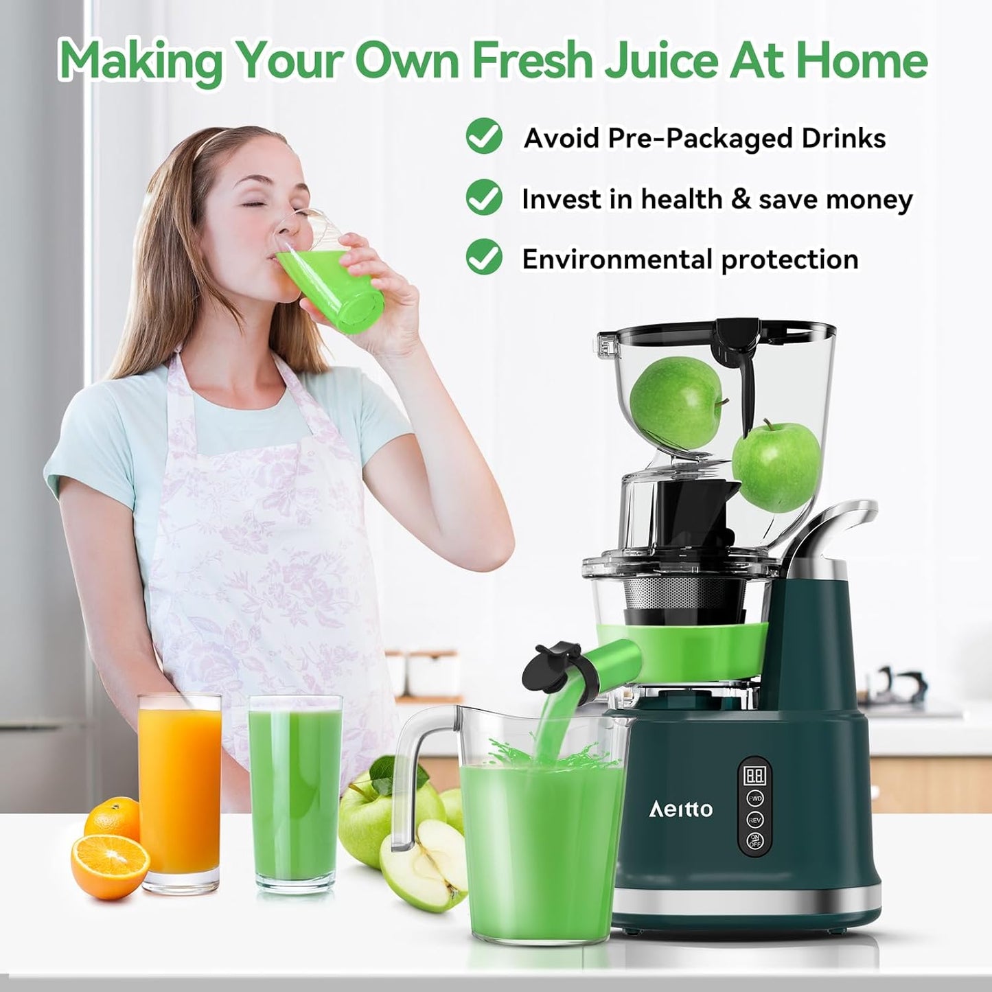 Cold Press Juicer,Aeitto Slow Masticating Juicer with Wide & Dual Feed Chute for Vegetables and Fruits, High Juice Yield, Self Feeding for Juice Extractor, BPA-Free, Dark Green