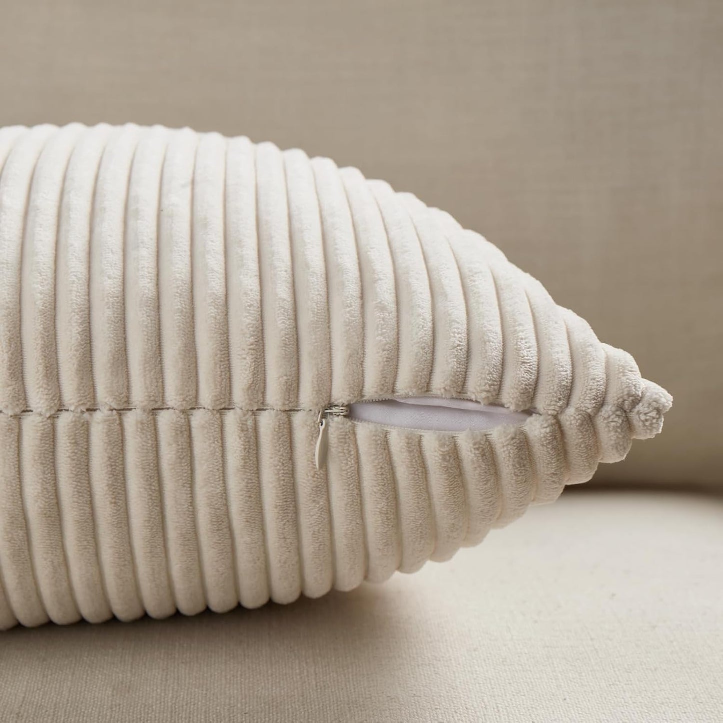 Fancy Homi 2 Packs Cream Lumbar Decorative Throw Pillow Covers 16x32 Inch for Living Room Couch Bed Sofa, Rustic Farmhouse Boho Home Decor, Soft Striped Corduroy Rectangle Accent Cushion Case 40x80 cm