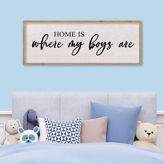 Home Is Where My Boys Are Wall Decor 40"×15" mom and her boys Sign for boys room Playroom Large Wood Framed Wall Hanging Art (Wood)