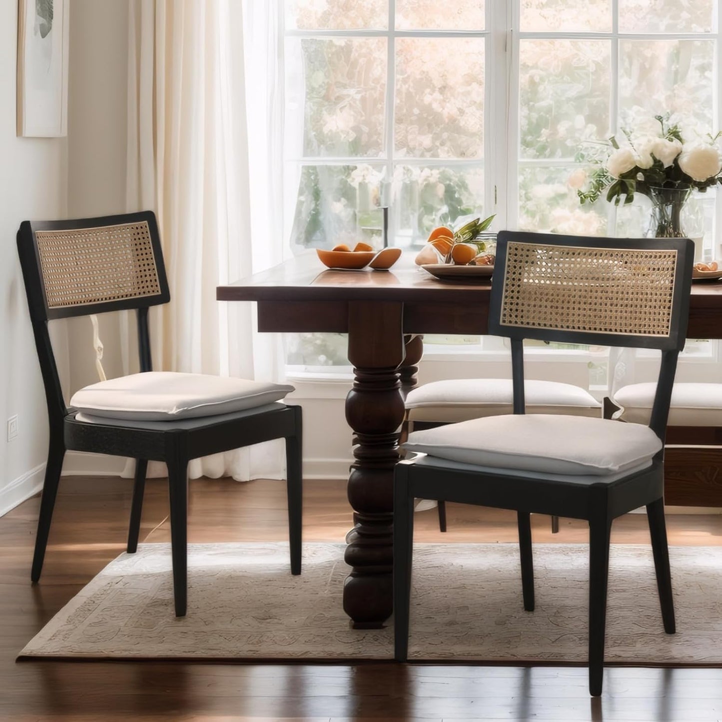 Rattan Dining Chairs Set Of 2 , Mid Century Modern Black Wooden Cane Back Chairs with Removable Linen Cushion , Retro Farmhouse Upholstered Kitchen & Dining Room Chairs for Restaurant Living Room