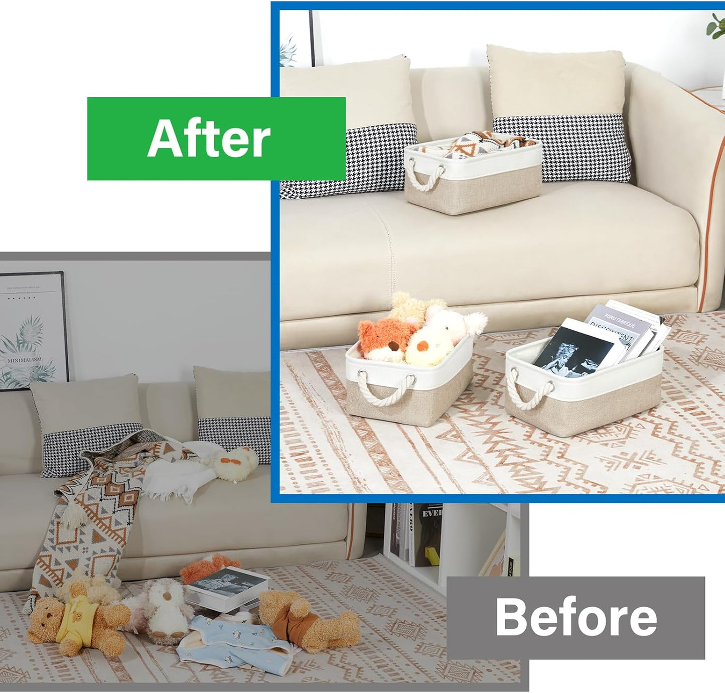 Bidtakay Small Baskets Fabric Storage Baskets for Organizing 3-Pack 12x8x5 Inch Collapsible Storage Bins for Shelves Canvas Bins for Closet Organization Baskets Storage Linen Closet S-White&Beige