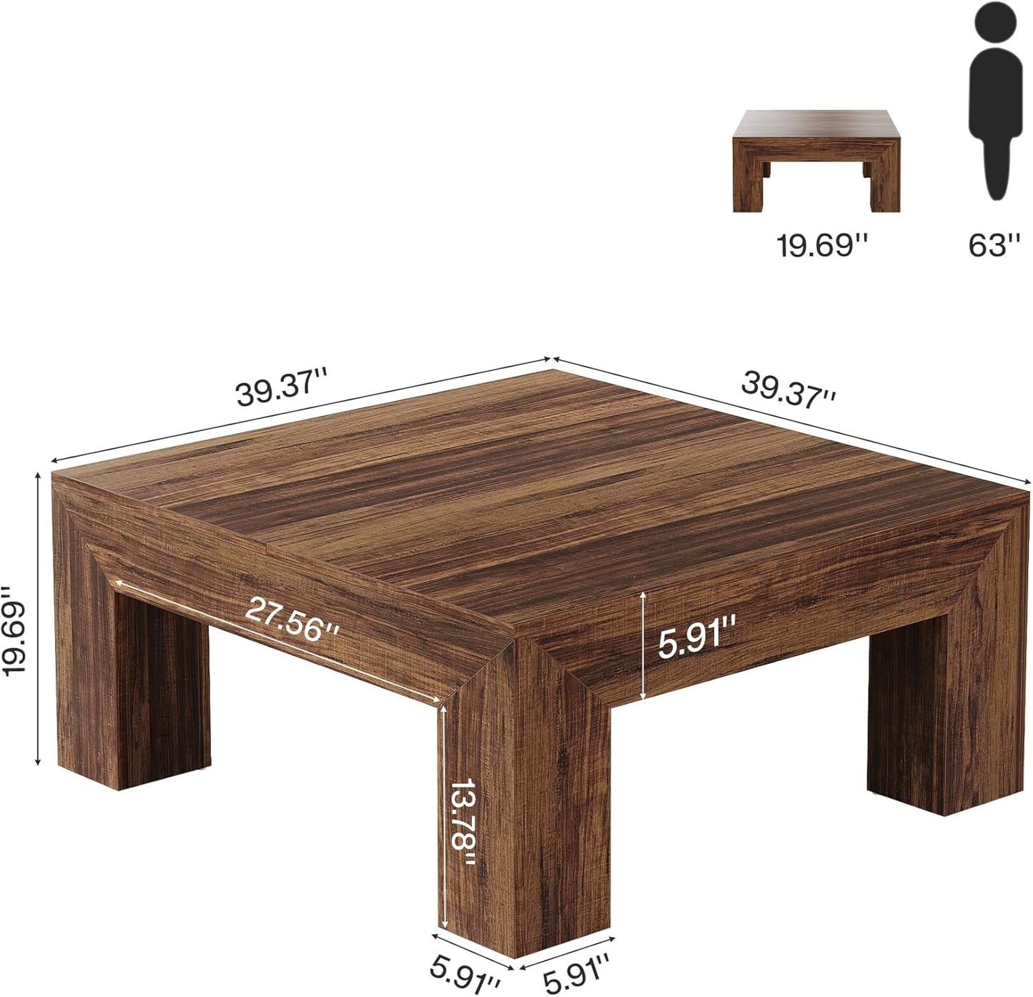 Tribesigns 39.4-Inch Square Coffee Table for Living Room, Farmhouse All MDF Accent Center Cocktail Table with Sturdy Wooden Legs, Easy Assembly, Dark Brown