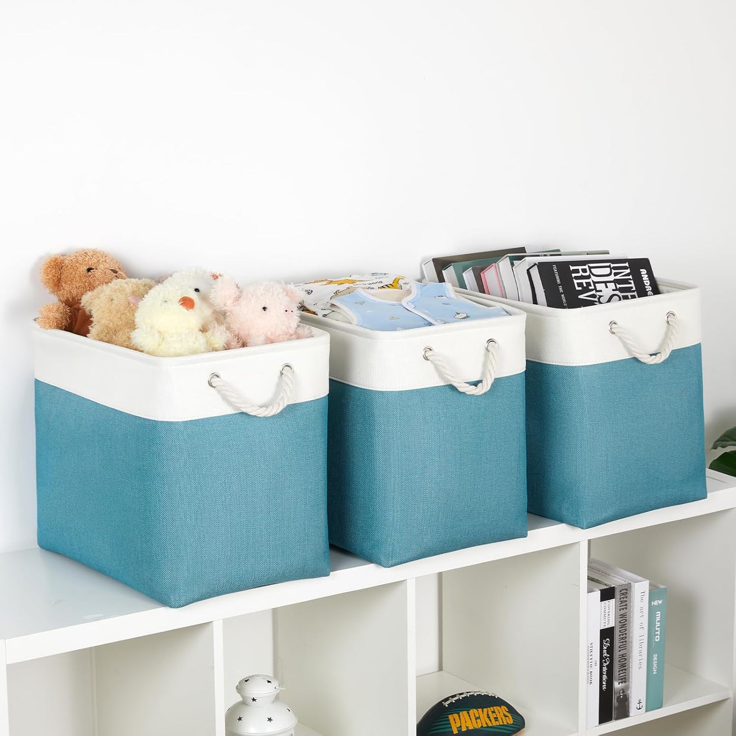 Bidtakay Extra Large Storage Baskets for Shelves 3 Pack Fabric Storage Bins for Organizing Linen Collapsible Organizer for Closet-White&Teal