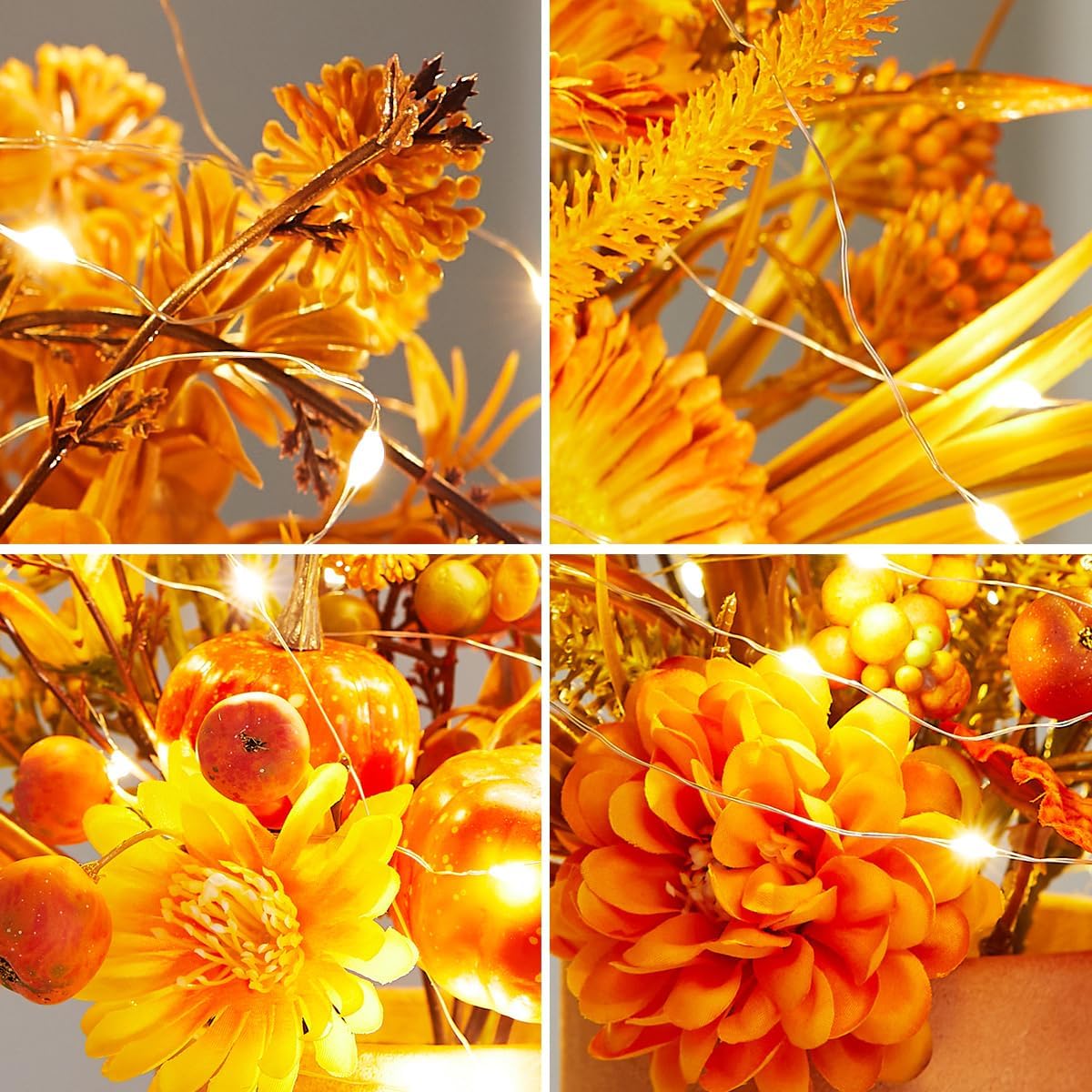 Thanksgiving Centerpiece Fall Table Flower - 2 Pack Lighted Realistic Artificial Table Plant with Western Modern Boho Rustic Aesthetic Bouquet Fall Decor Gift for Home Farmhouse