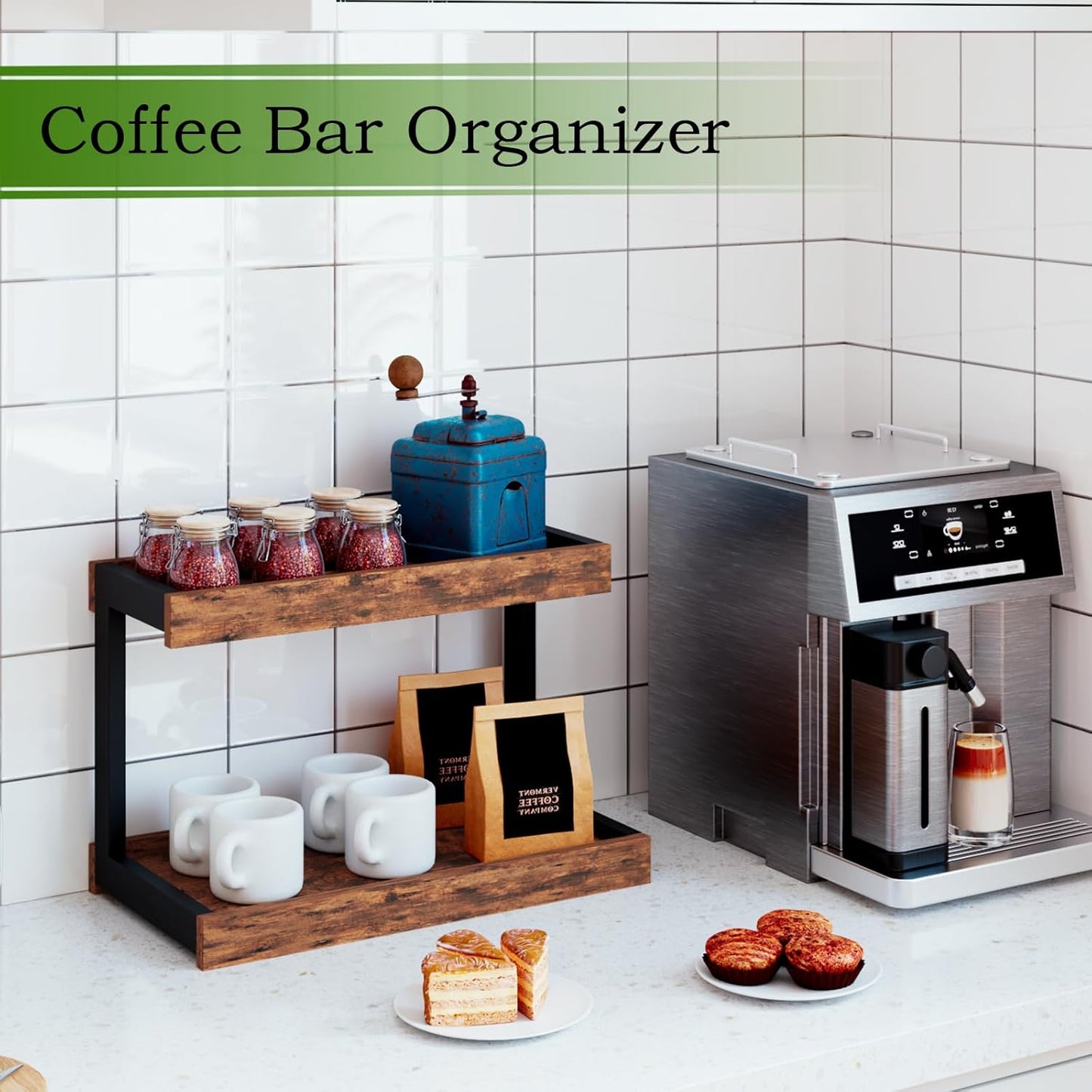 MARTY 2 Tier Spice Rack Organizer for Countertop, 15.8''L Coffee Station/Bathroom Organizer Countertop, Counter Shelf Desktop Storage Organizer for Kitchen, Bedroom, Office (Rustic Brown)