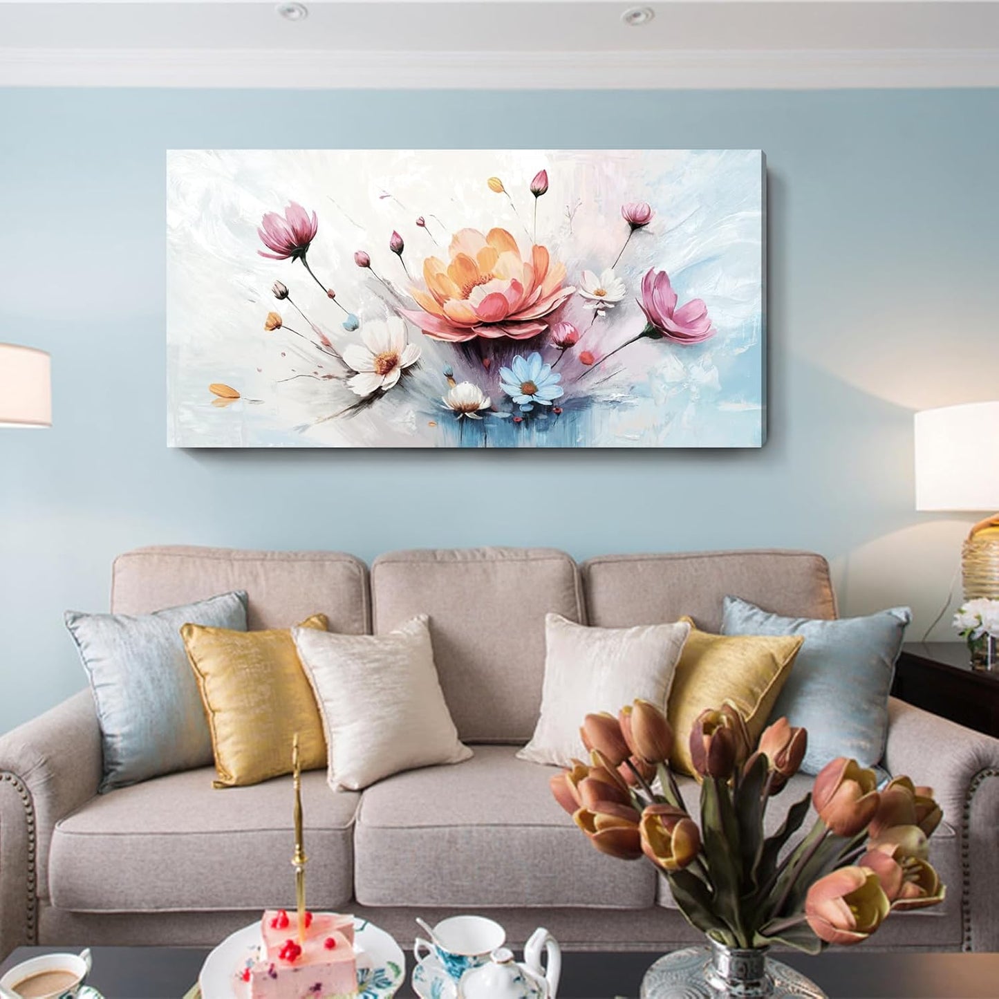 amatop Large Floral Wall Art – Modern Pink White and Blue Abstract Colorful Flower Bouquet Print Large Botanical Canvas Picture Nature Artwork Wall Decor for Living Room Bedroom Office 48x24 inch