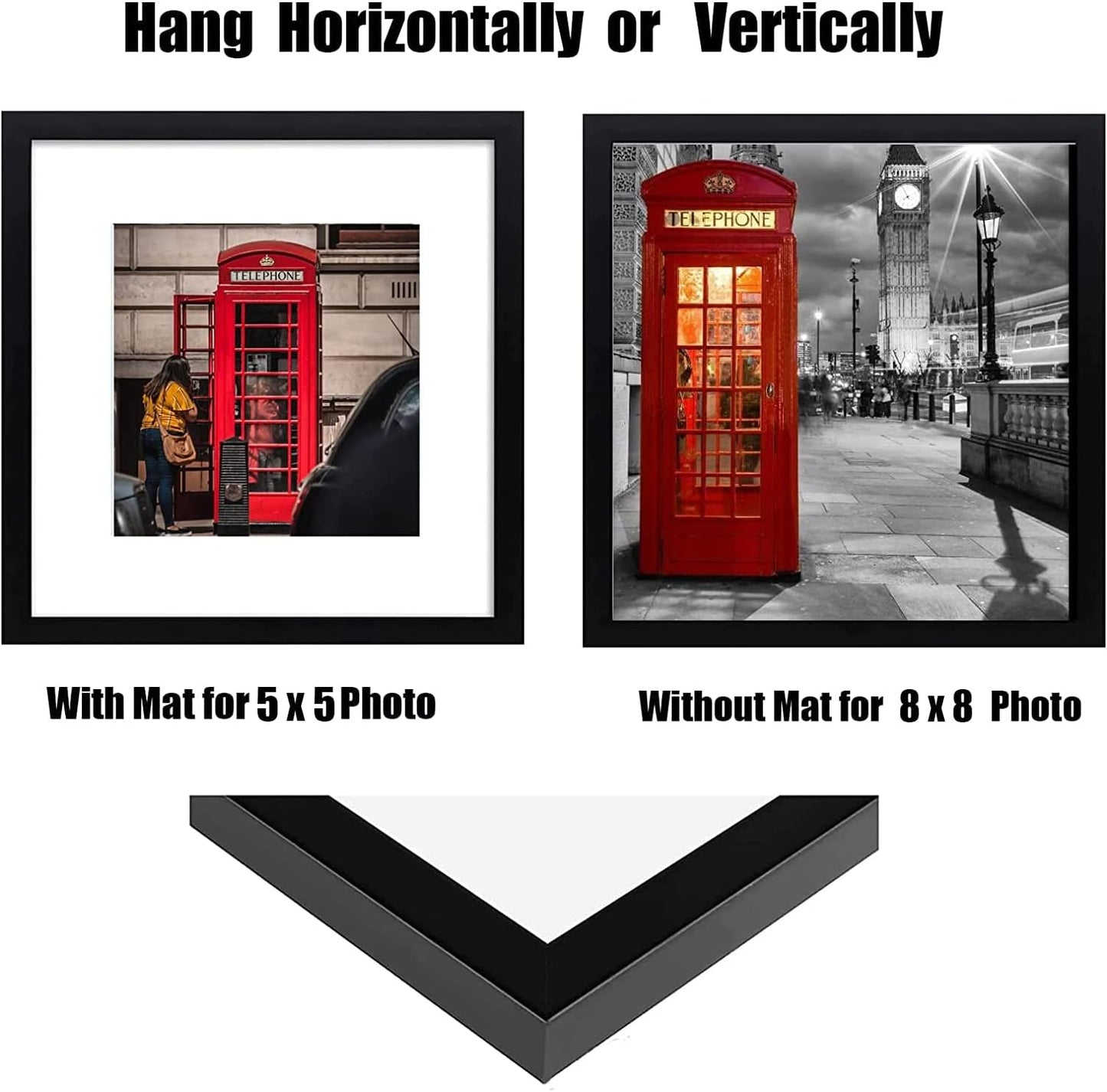 8x8 Picture Frame Set of 6, Display Pictures 5x5 with Mat or 8x8 Without Mat for Wall Mounting or Table Top Display,Black
