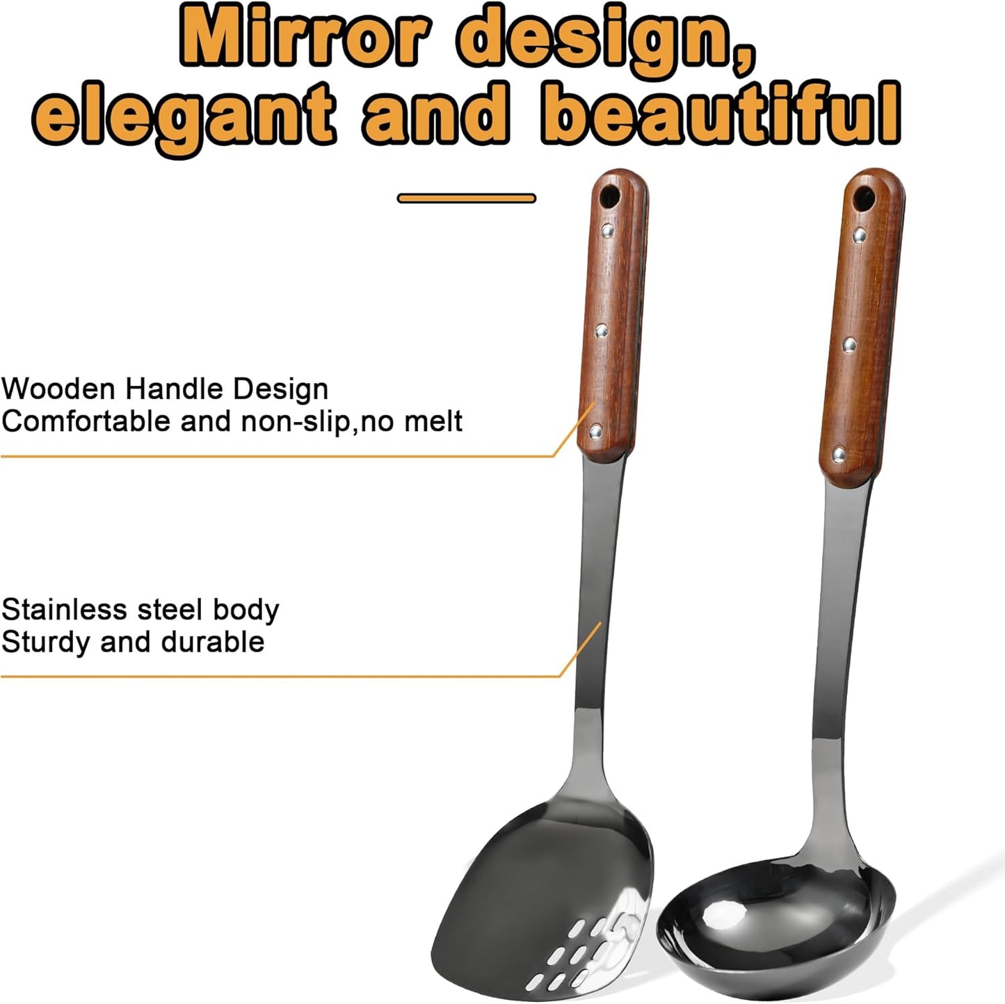 FJNATINH Stainless Steel Wok Spatula and Ladle Tool, Mirror Polished Cooking Utensils Set Metal Wok Accessories with Wooden Handle,Easy to Clean Kitchen Utensils,Black
