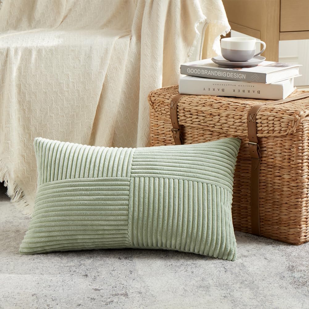 Fancy Homi 2 Packs Sage Green Lumbar Decorative Throw Pillow Covers 14x24 Inch for Couch Bed, Rustic Farmhouse Boho Home Decor, Soft Striped Corduroy Rectangle Accent Cushion Case 35x60 cm