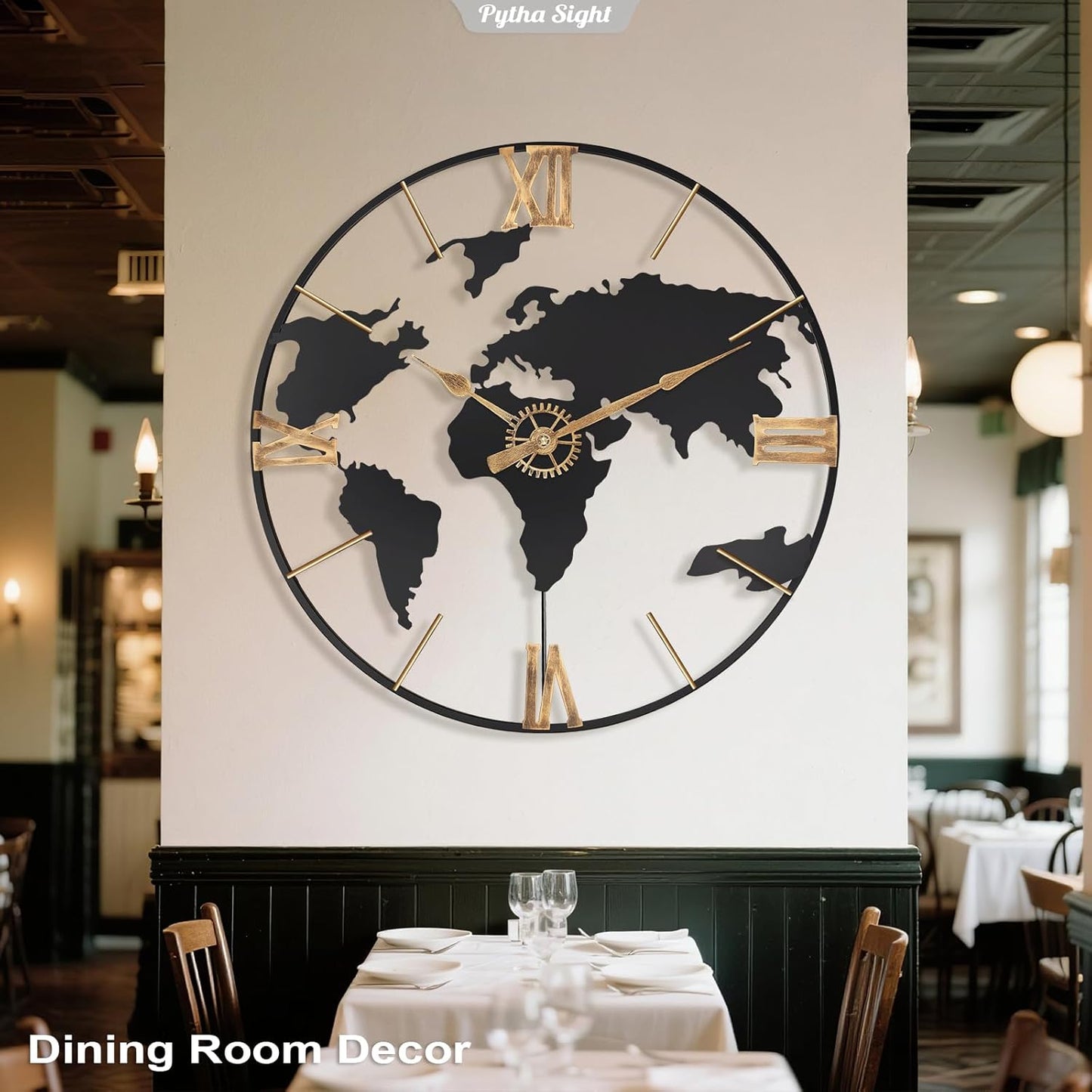 24 Inch Large Wall Clock,Modern Decorative Big World Map with Vintage Gold Roman Numeral Extra Giant Metal Oversized Wall Clocks for Living Room,Office,Kitchen,Dining Room,Bedroom