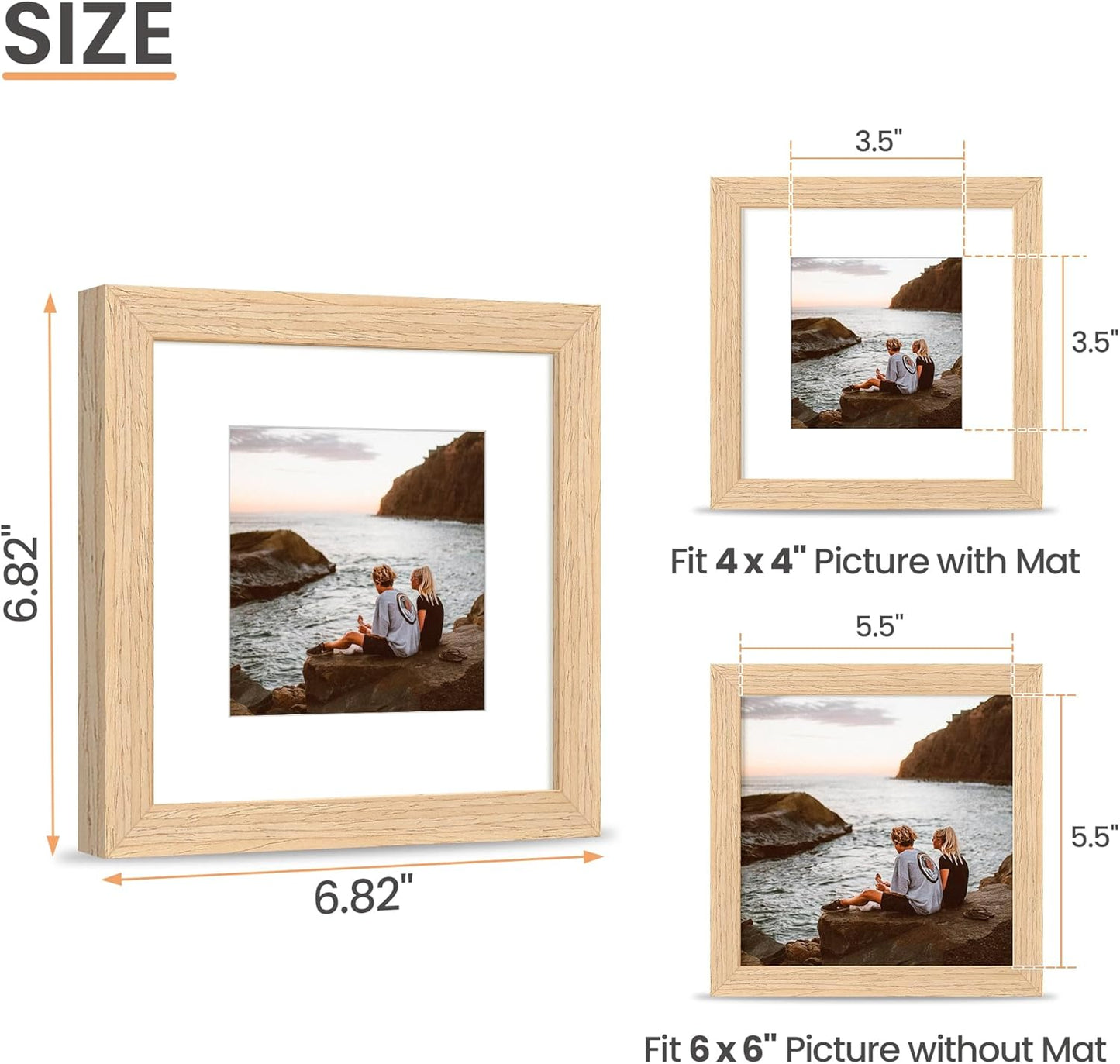 upsimples 6x6 Picture Frame, Natural Solid Wooden Picture Frames, Display 4x4 with Mat or 6 x 6 Without Mat, Wall or Tabletop, 1 Pack, Natural