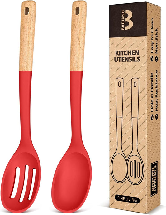 Silicone Cooking Spoons, Great for Scooping Sides and Serving Hearty Stews, BPA-Free Matte Silicone, Wooden Handle Serving Spoon for Nonstick Cooking Surfaces (Red)