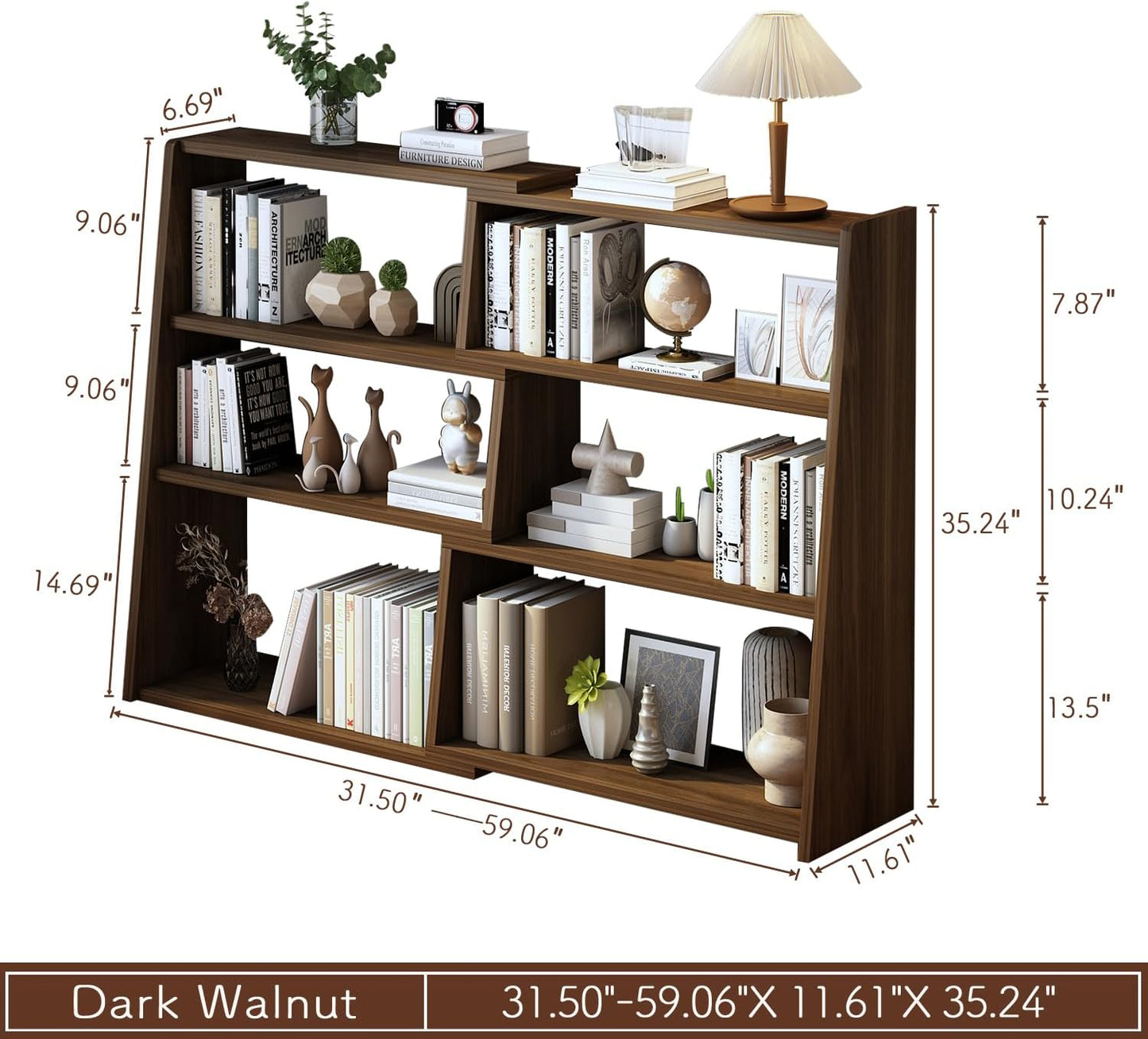 IOTXY Wooden Extendable Shelf Bookcase - 3-Tier Ladder Low Short Bookshelf for Small Space or Corner, Dark Walnut, L