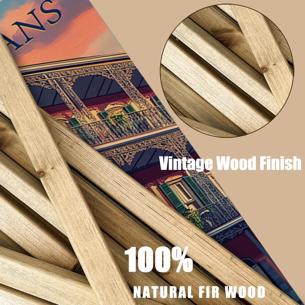 WREVERW Vintage New Orleans Poster Canvas Print with Wooden Hanger Frame, Featuring French Quarter Architecture and Iconic Iron Balconies, Wall Art for Home and Office Decor, 16x23 inches