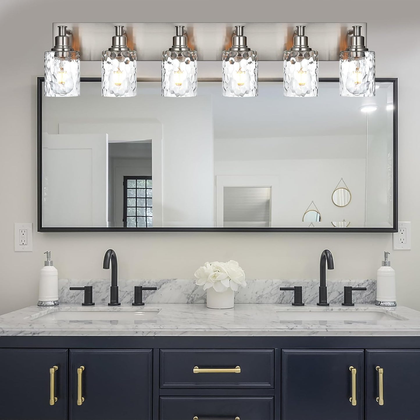 BONLICHT Vanity Light Fixture Brushed Nickel 6-Light Modern Farmhouse Wall Sconce Bathroom Lighting with Hammered Glass Industrial Wall Mount Lights for Kitchen Dining Room Cabinet Corridor