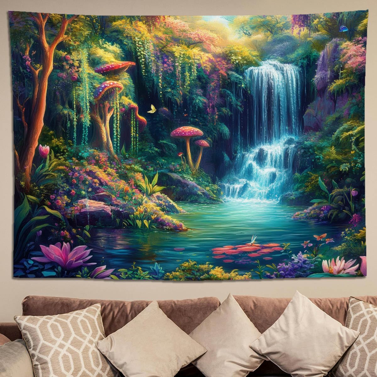 keowhsf Forest Waterfall Tapestry with Mushrooms and Flowers – Colorful Floral Plants Natural Landscape Wall Art, Fantasy Aesthetic Wall Hanging for Bedroom Decor
