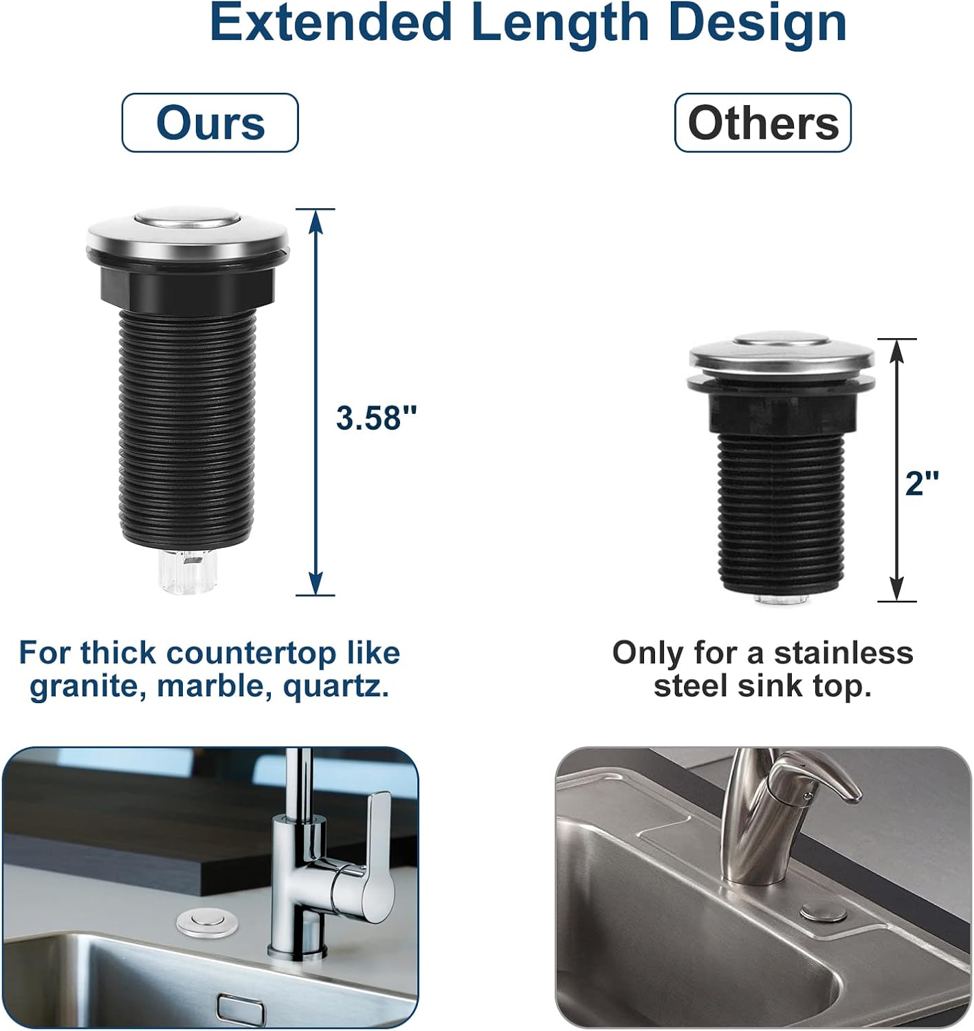 Dual Outlet Garbage Disposal Air Switch Kit, UL Listed Sink Top Air Switch for Food Waste Disposal, 3.58” Extra Long Air Button, Brushed Stainless Steel