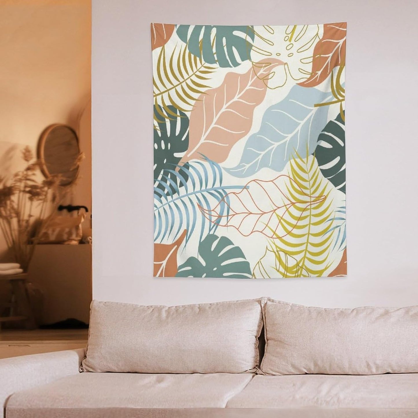 ICMOLYYENLO Boho Green Leaves Tapestry, Mid Century Abstract Tropical Palm Leaves Modern Minimalist Geometric Wall Hanging, Neutral Home Decor Art for Living Room Bedroom Dorm 60x80 Inch