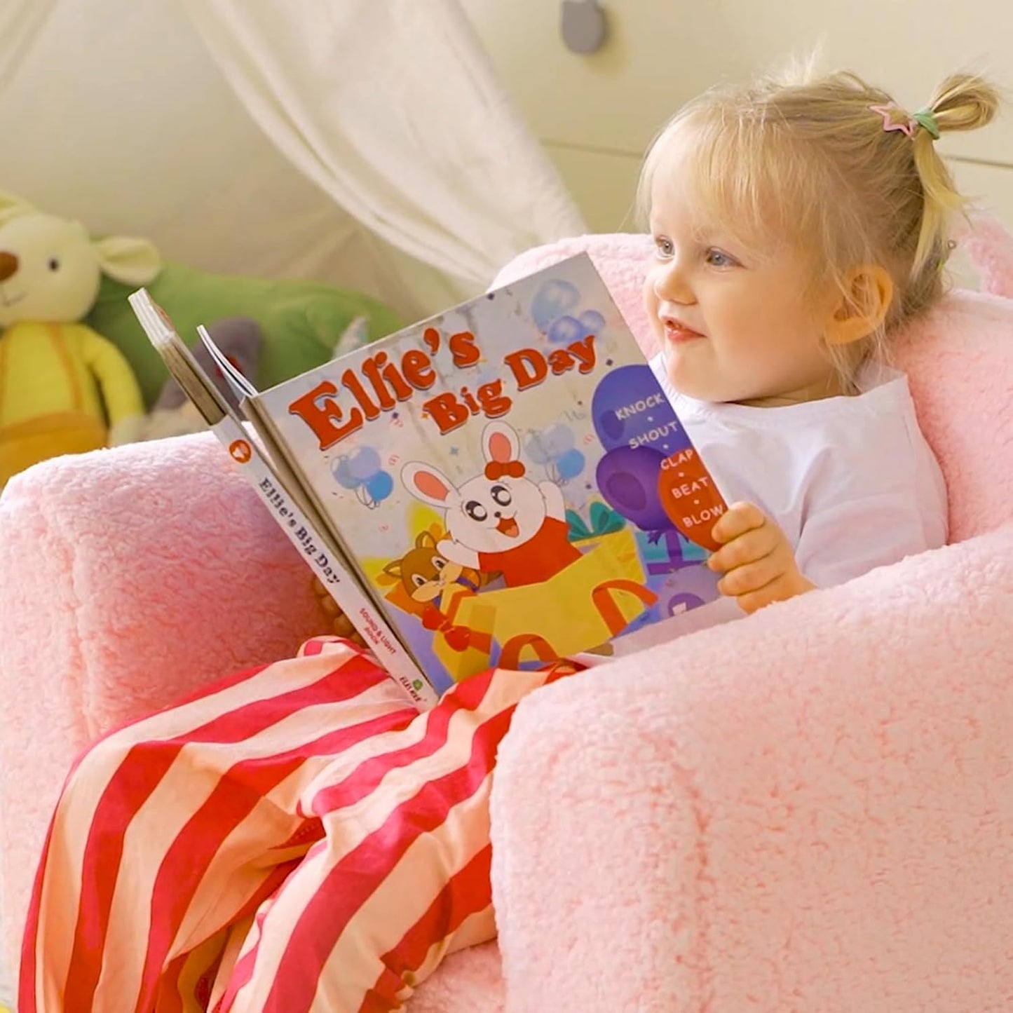 ALIMORDEN Kids Ultra-Soft Snuggle Foam Filled Chair, Toddler Cuddly Sherpa Reading Couch for Boys and Girls, Pink