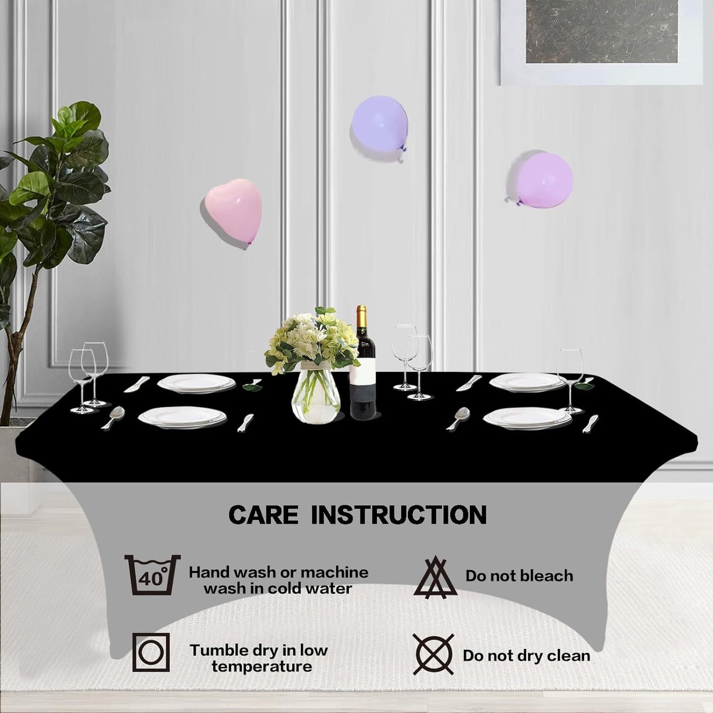 IVAPUPU 2 Pack 8FT Table Cloth for Rectangular Fitted Events Stretch Black Table Covers Washable Spandex Tablecloth Protector for Party, Wedding, Cocktail, Banquet, Festival