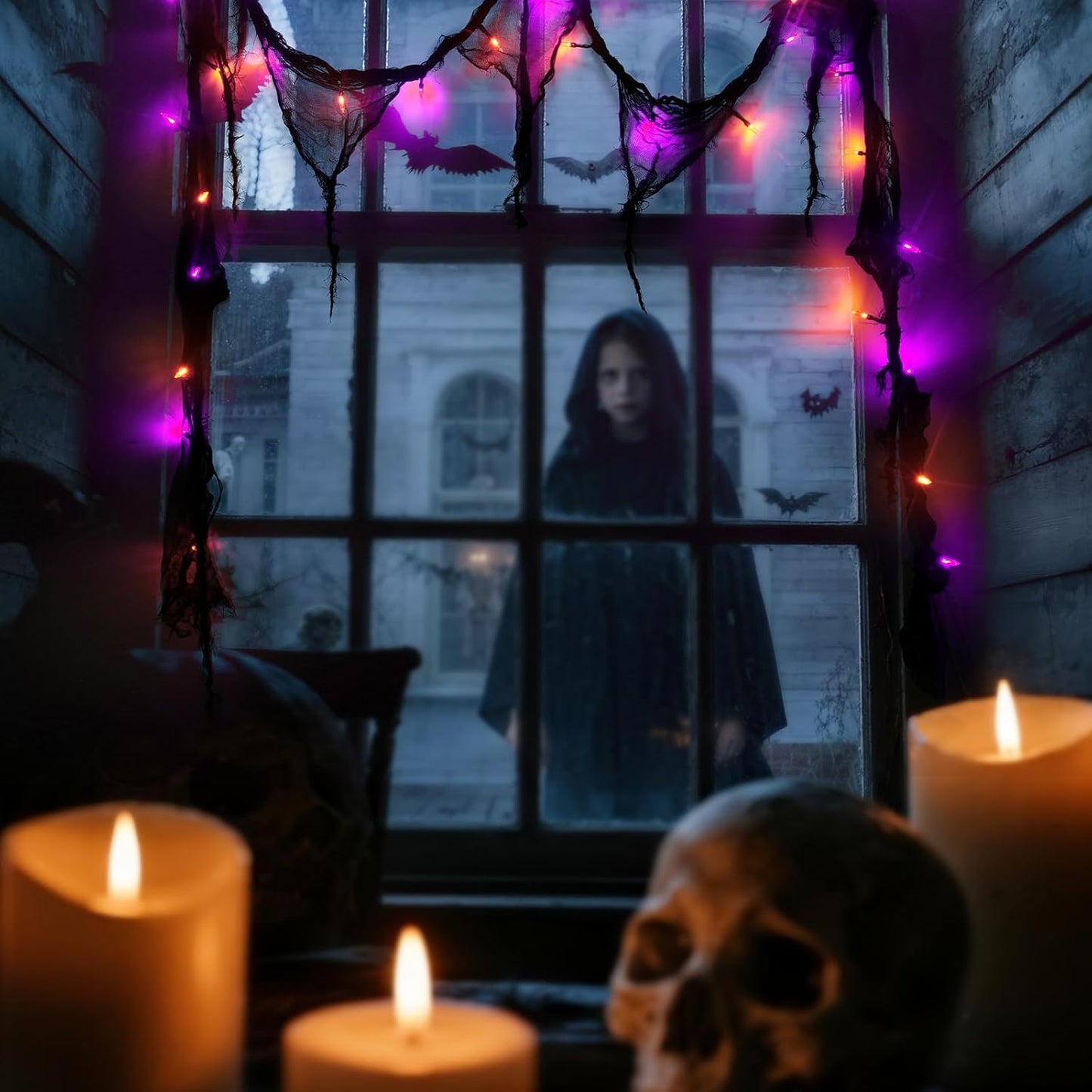 Halloween Horror Atmosphere Lights, Orange&Purple LED String Lights with 9.9FT Creepy Black Gauze, Battery Powered with Timer & 8 Flashing Modes (Orange & Purple)