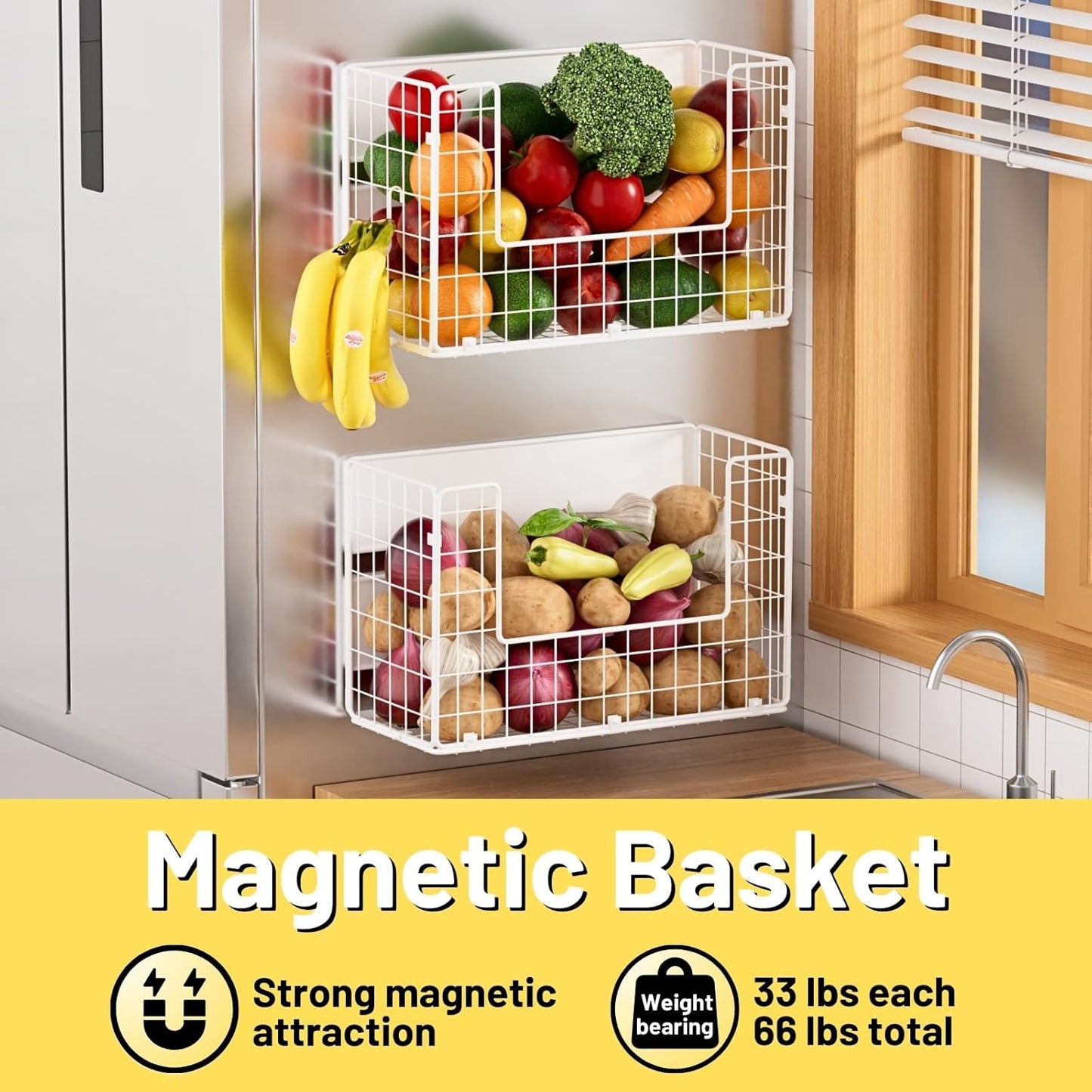 Magnetic Shelf for Fridge, Fruit Potato & Onion Storage Bins, Pantry Organizers & Storage, Large Container Magnetic Basket for Refrigerator, Kitchen Counter,Cabinet Magnetic Fridge Organizer White (1)