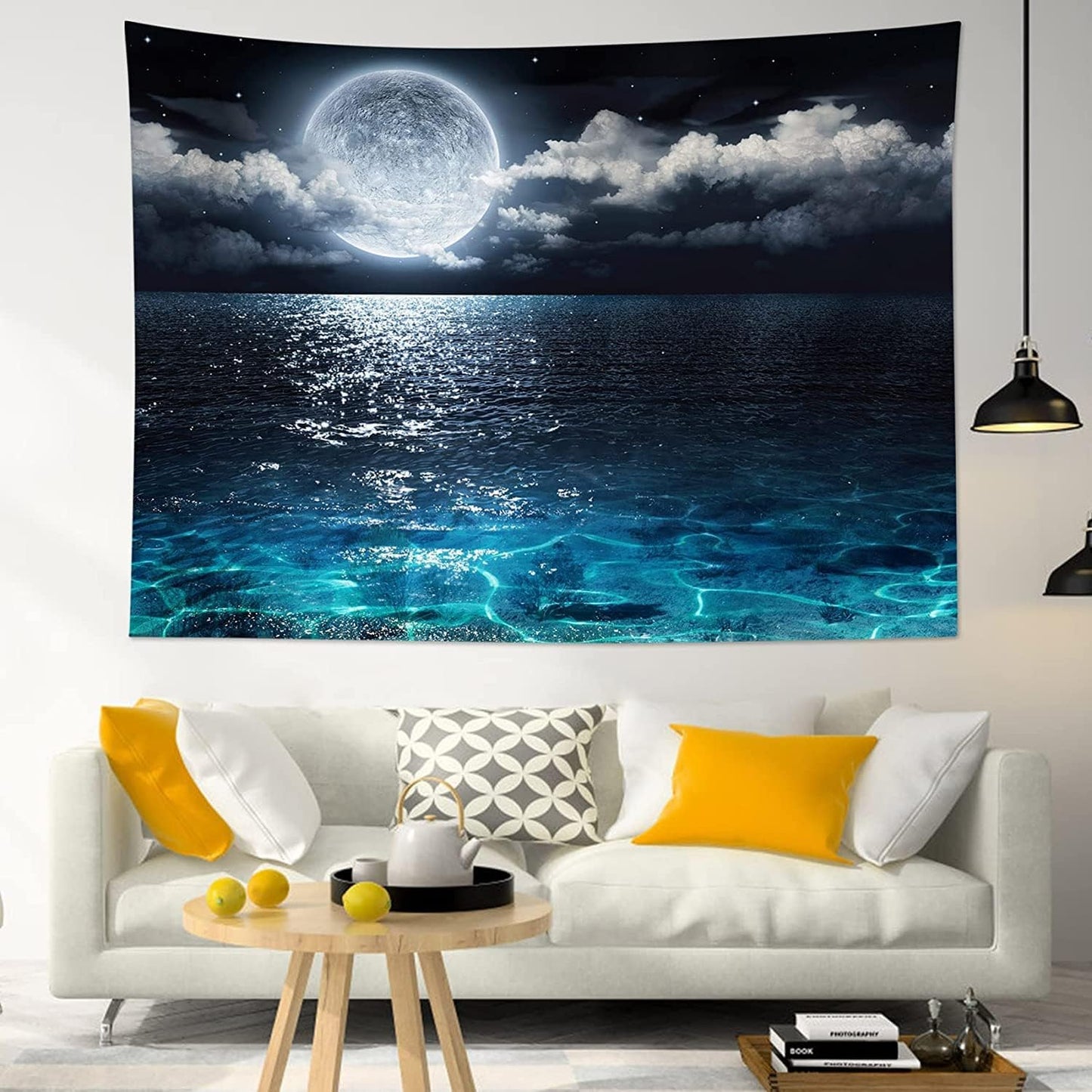 LB Moon Over Ocean Tapestry, Night Sky Tapestry Wall Hanging,3D Fantasy Psychedelic Watercolor Wall Art for Bedroom Living Room Dorm Home Decor,48 x 36 Inches