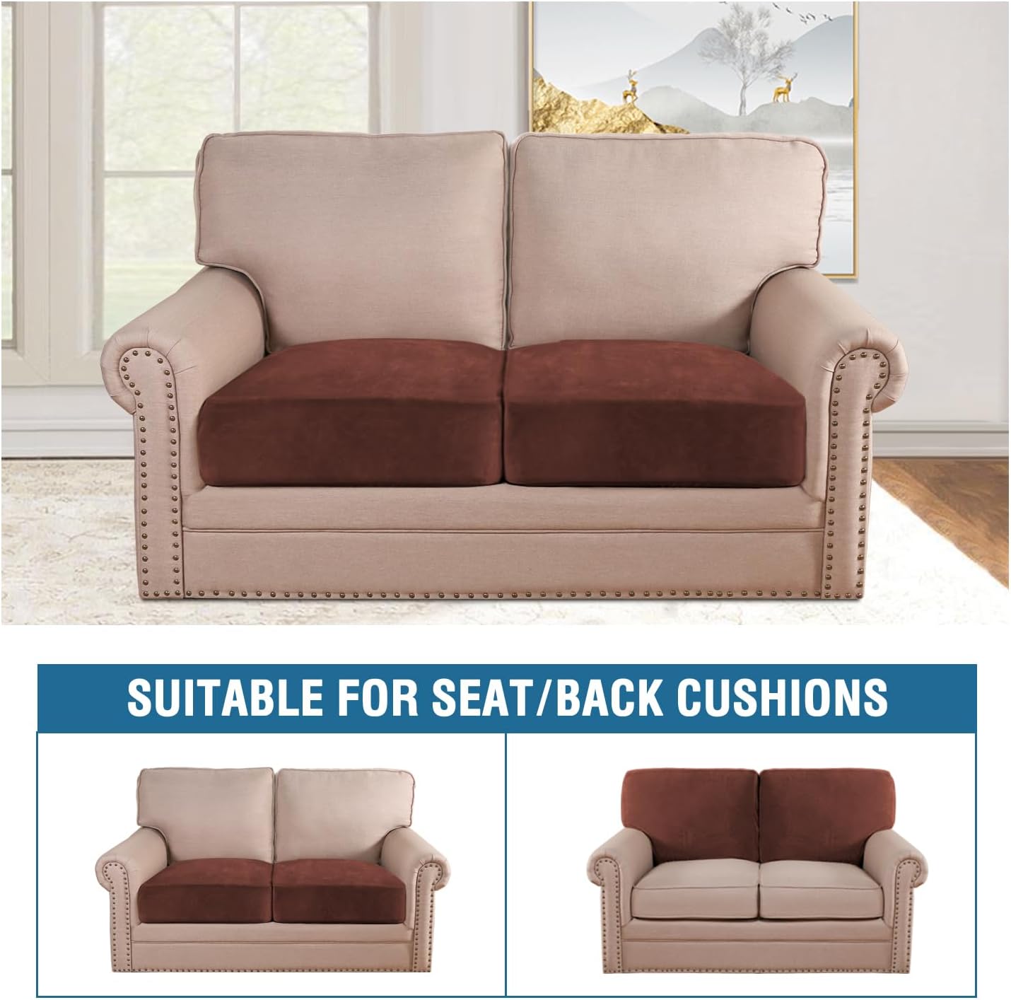 H.VERSAILTEX Velvet Stretch Couch Cushion Cover Plush Cushion Slipcover for Chair Loveseat Sofa Cushion Furniture Protector Seat Cushion Sofa Cover (2 Piece Large Sofa Cushion Covers, Burnt Brick)