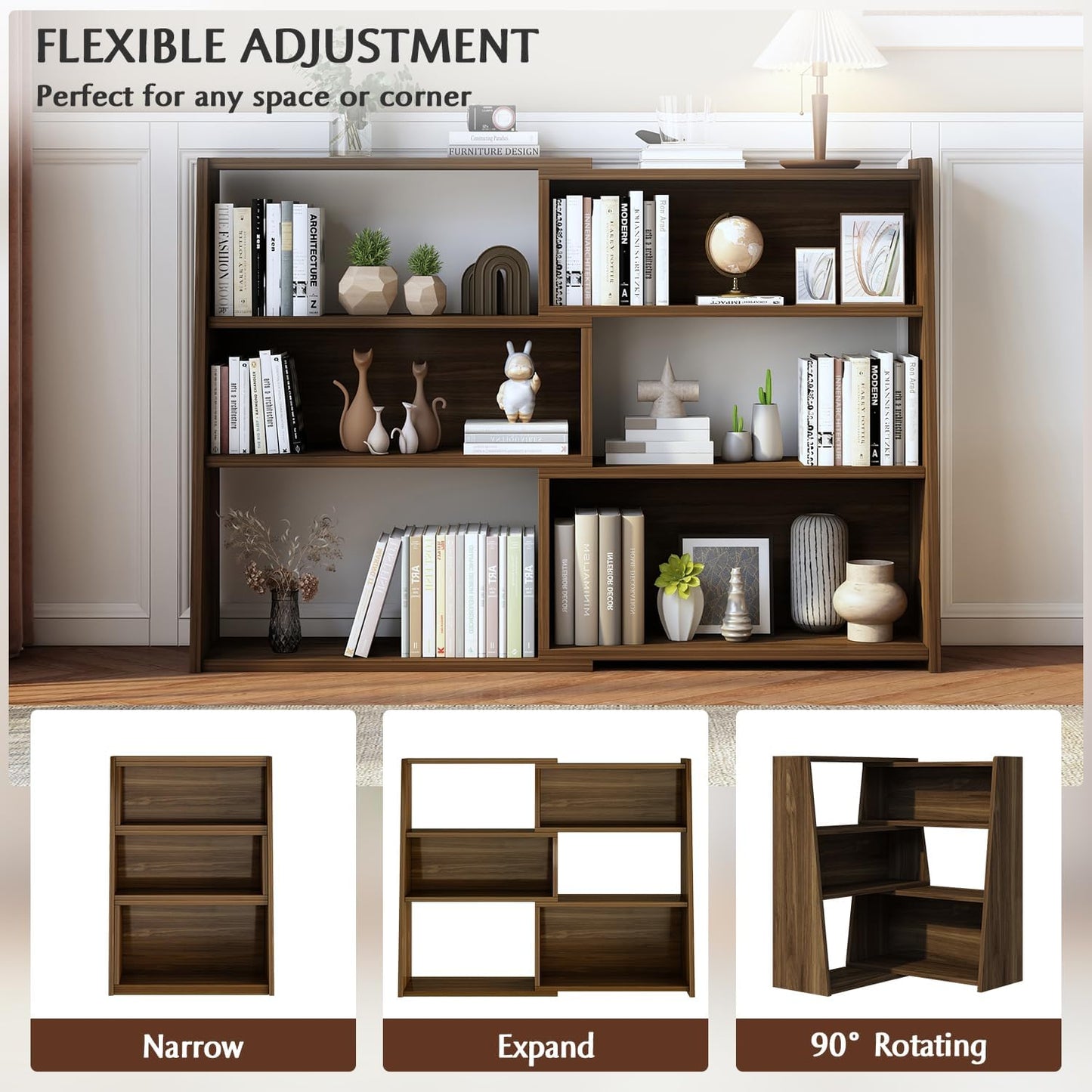 IOTXY Wooden Extendable Shelf Bookcase - 3-Tier Ladder Low Short Bookshelf for Small Space or Corner, Dark Walnut, L