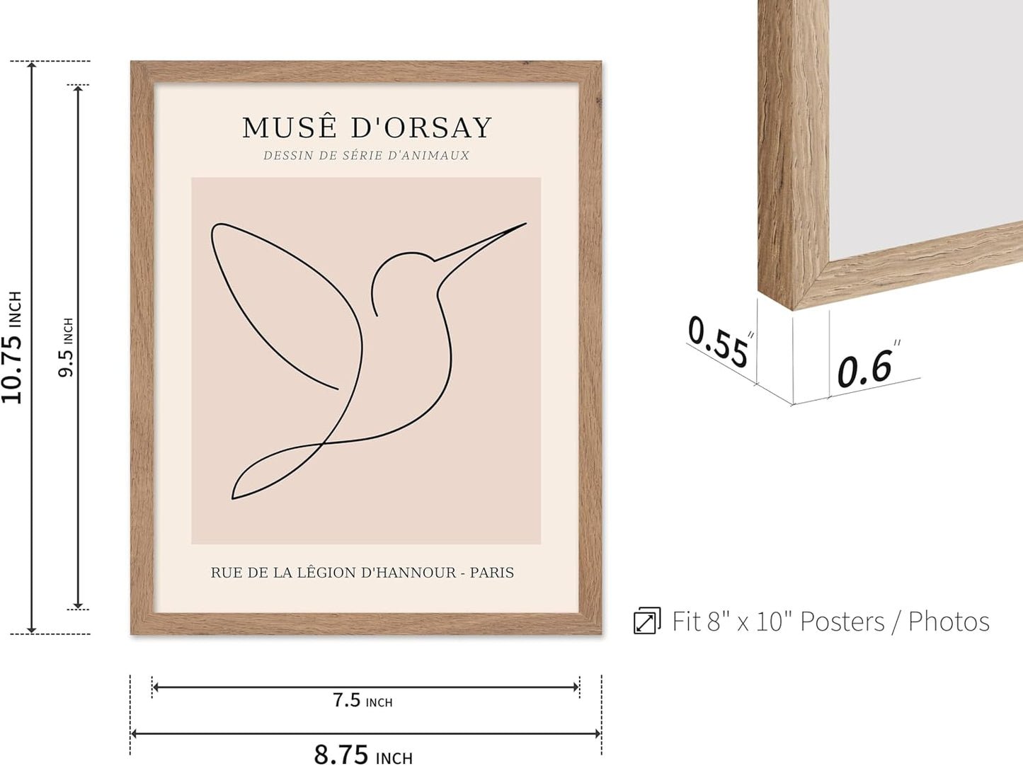 Poster Master Vintage Poster - Retro One Line Hummingbird Drawing Print - Bird Line Art - Minimal Gift for Him, Her, Animal Lover - Abstract Decor for Home, Office, 8x10 Beige Framed