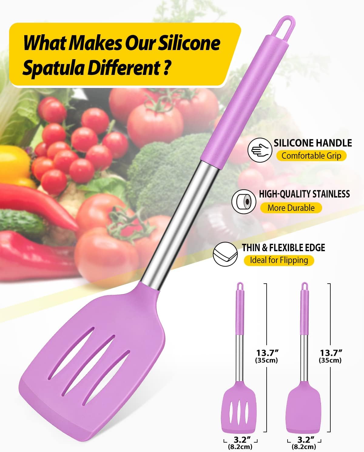 Pack of 2 Silicone Solid Turner, Non Stick Slotted Kitchen Spatulas, High Heat Resistant BPA Free Cooking Utensils, Ideal Cookware for Fish, Eggs, Pancakes(Purple)